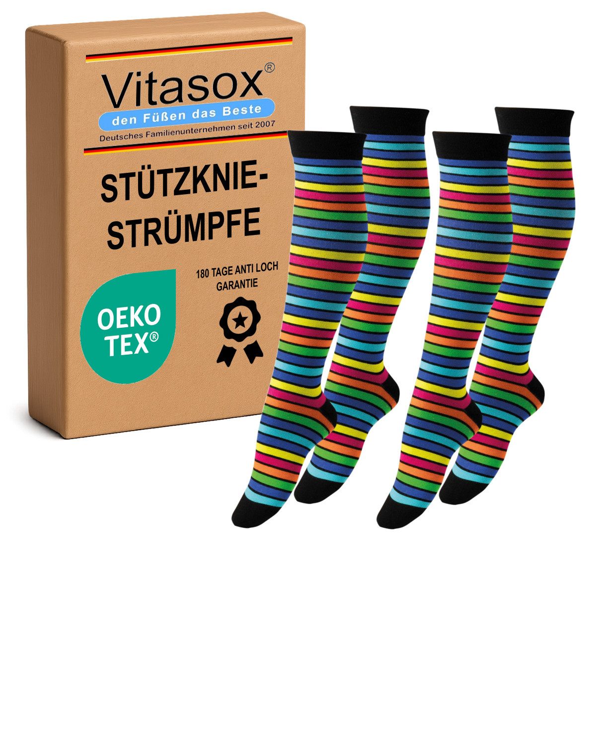 Vitasox Stützkniestrümpfe für Damen und Herren 2 Paar - Stützwirkung und Kompression (2-Paar) bunt geringelt - mit leichter bis mittlerer Kompression