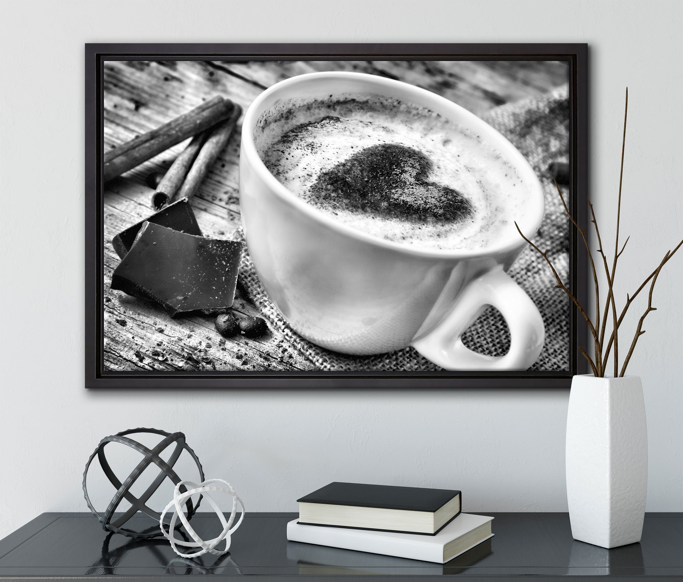 Pixxprint einem bespannt, in (1 Wanddekoration Leinwandbild inkl. Leinwandbild Schattenfugen-Bilderrahmen Kaffeebohnen, St), gefasst, Kaffe fertig Zackenaufhänger