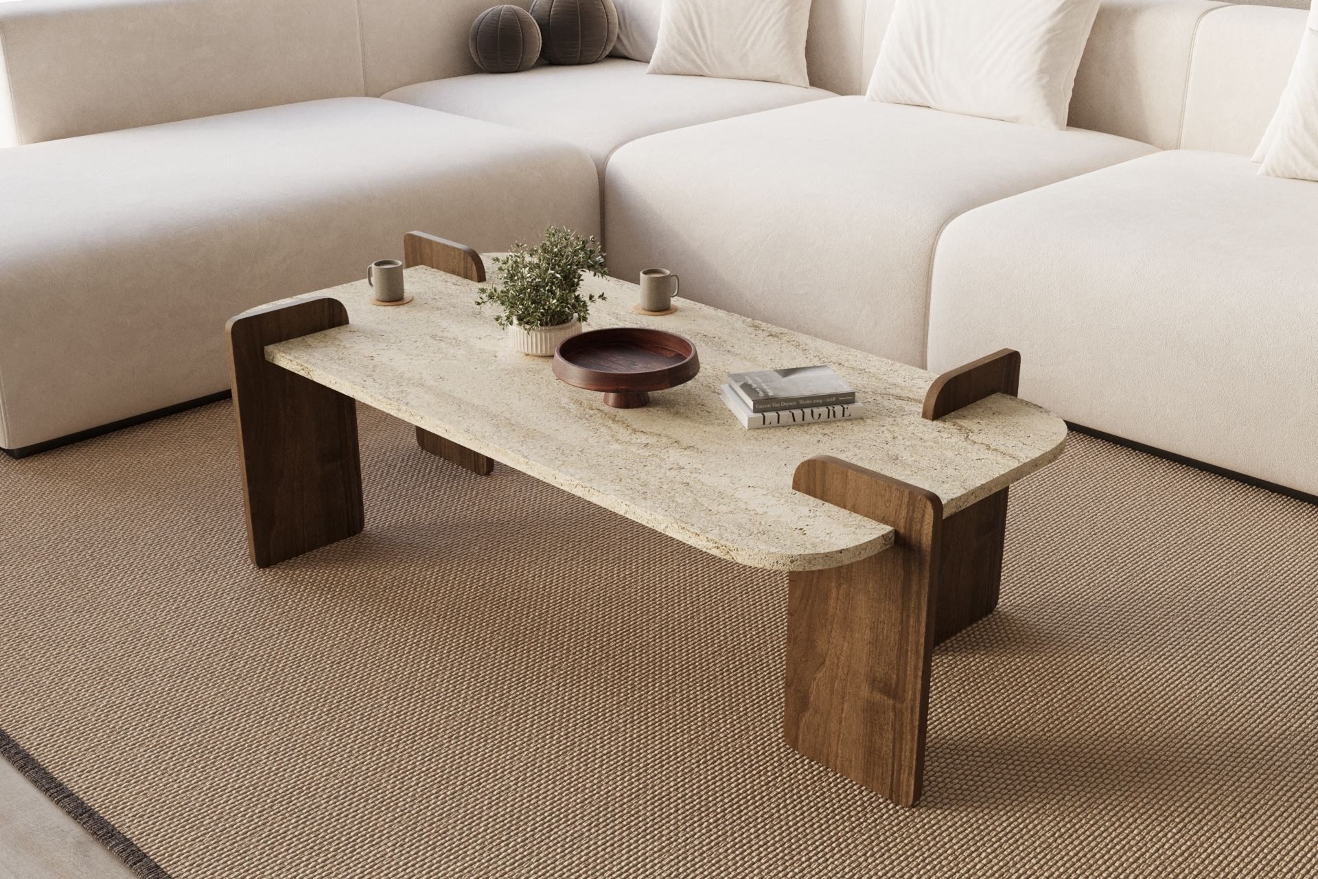 Skye Decor Couchtisch Siam Leapiri (Packung, 1 Tisch), Japandi Deko,Briete 120, Rechteckige Bauform, Travertin Walnuss