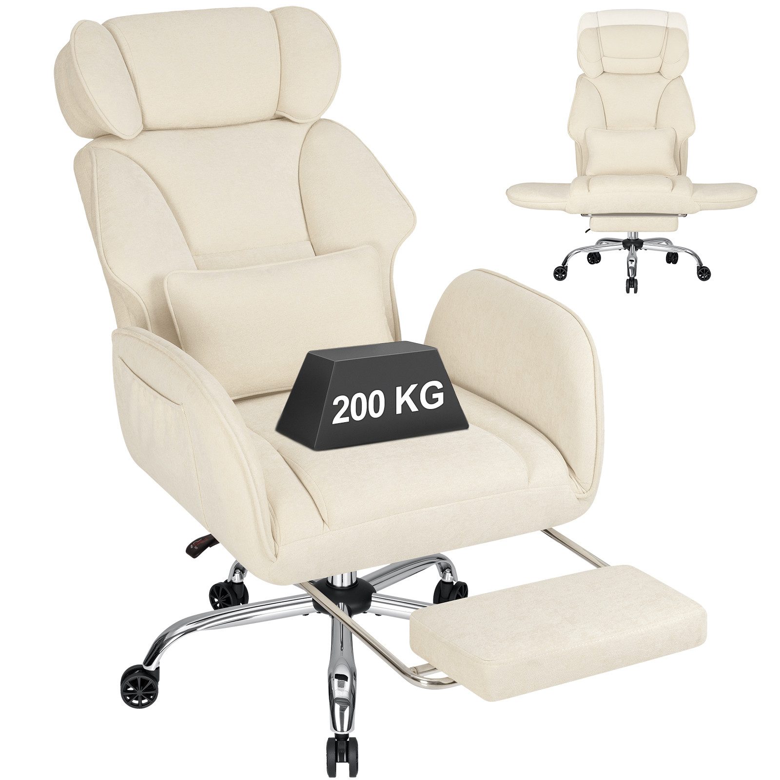 Hoffree Chefsessel Ergonomischer Bürostuhl Schreibtischstuhl Gaming Stuhl 200kg Belastbar (Breiter Sitz, 6cm höhenverstellbare Kopfstütze, 135° neigbar), Drehstuhl mit klappbarer Armlehnen,Fußstütze, extra dickes Sitzpolster