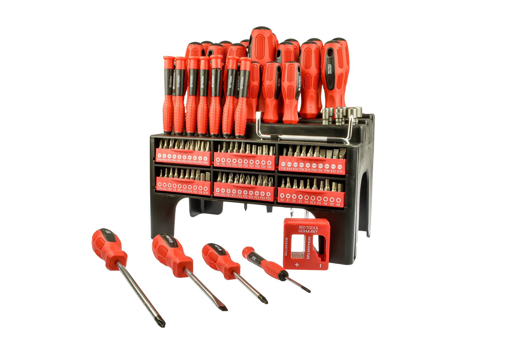 Red Tools Werkzeugset Schraubendreher- & Bit-Set inkl. Standregal / Hängeregal 101 teilig, (Set, 101-tlg., Schraubendreher Set XXL), 101-teiliges Schraubendreher- und Bit-Set XXL