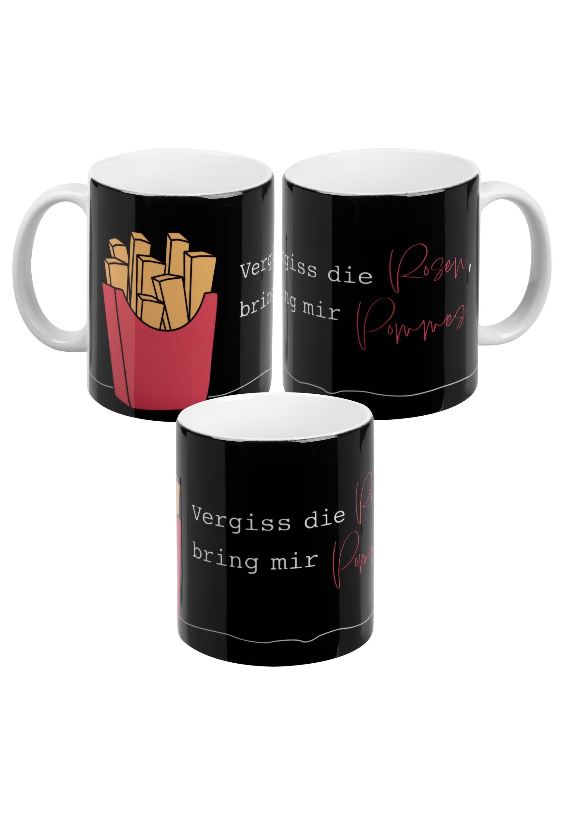 United Labels® Tasse Karma Tasse - Vergiss die Rosen, bring mir Pommes Kaffeetasse Schwarz, Keramik