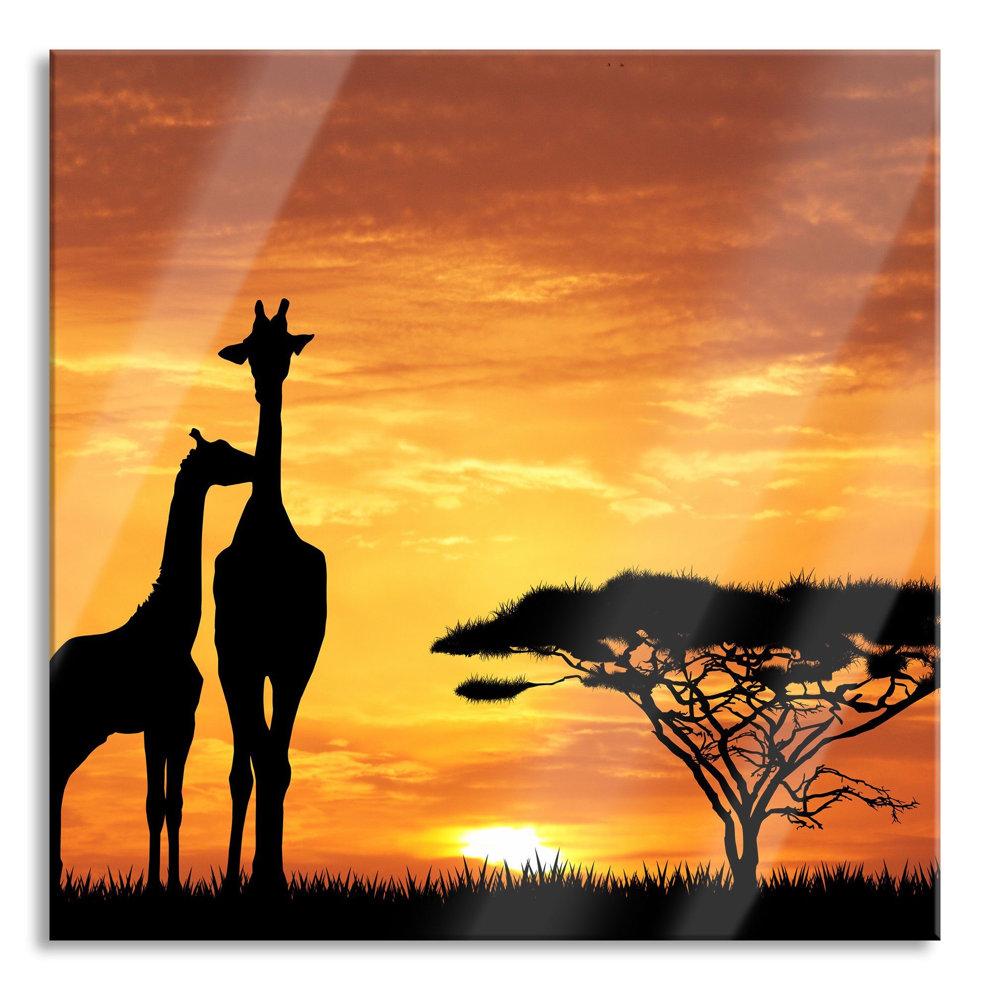Pixxprint Glasbild Giraffen im Sonnenuntergang, Giraffen im Sonnenuntergang (1 St), Glasbild aus Echtglas, inkl. Aufhängungen und Abstandshalter