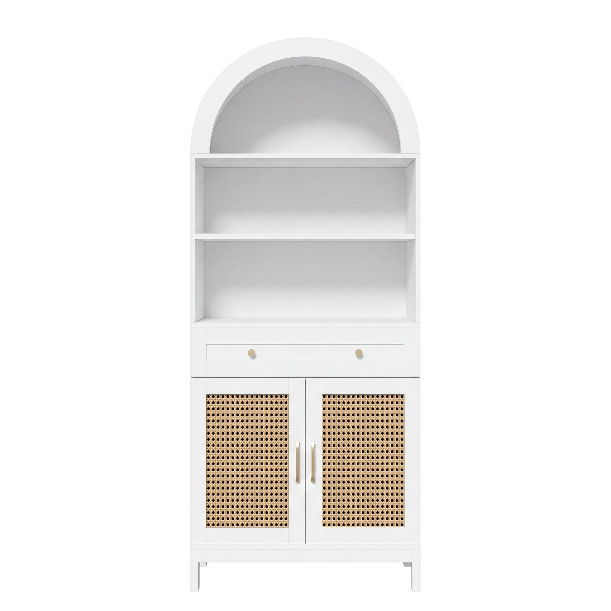 Flieks Hochschrank Bogenform mit Rattan-Doppeltüren, großer Schublade, 3 offener Fächern (gewölbter Aufbewahrungsschrank in Landhausstil, 1-St., B70/T40/H170 cm – Bild 5 von 5