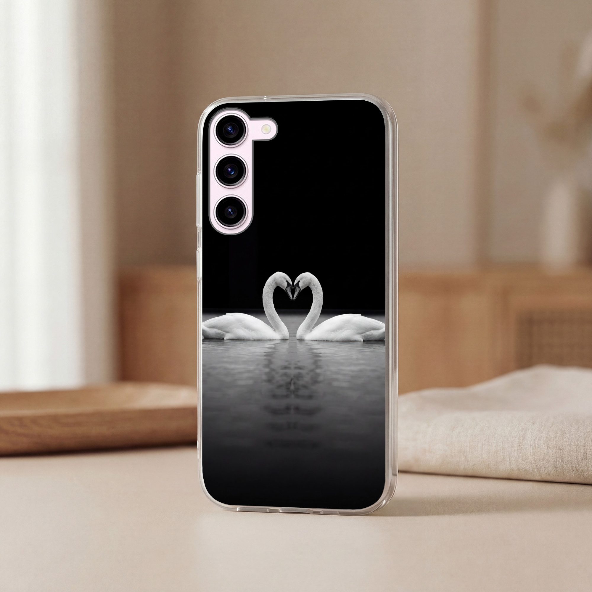 MuchoWow Handyhülle für Samsung Galaxy S23 Schwäne - Herz - Schwarz - Weiß, Phone Case, Silikon, Schutzhülle Dünn