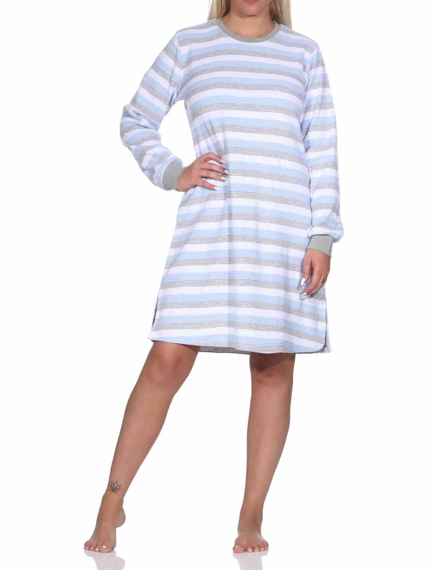 Normann Nachthemd Damen Frottee Nachthemd langarm mit Bündchen Blockstreifenoptik