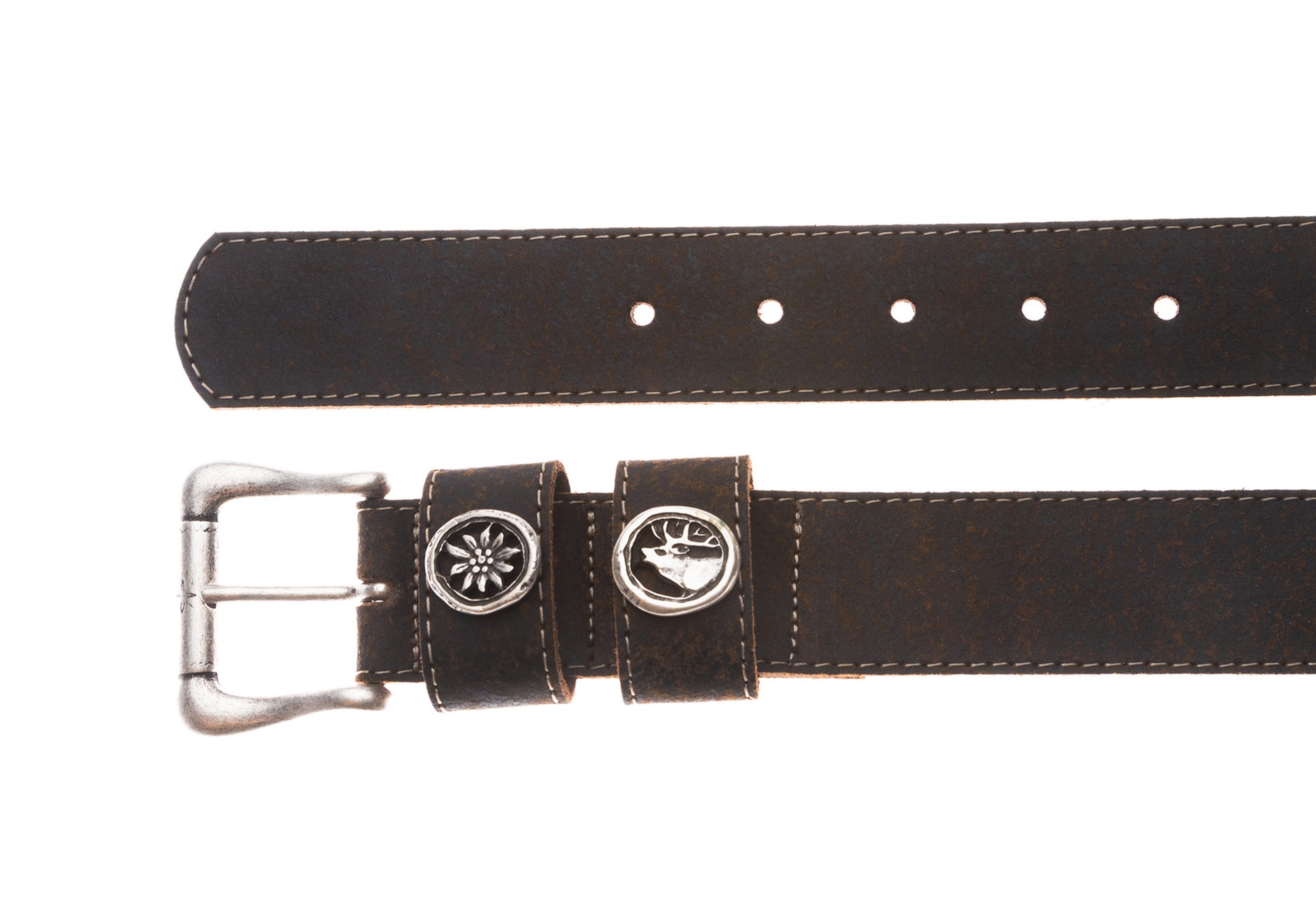 Der Trachtler Ledergürtel mit Edelweiß-Zierteil und Hirsch-Zierteil auf der günstig online kaufen