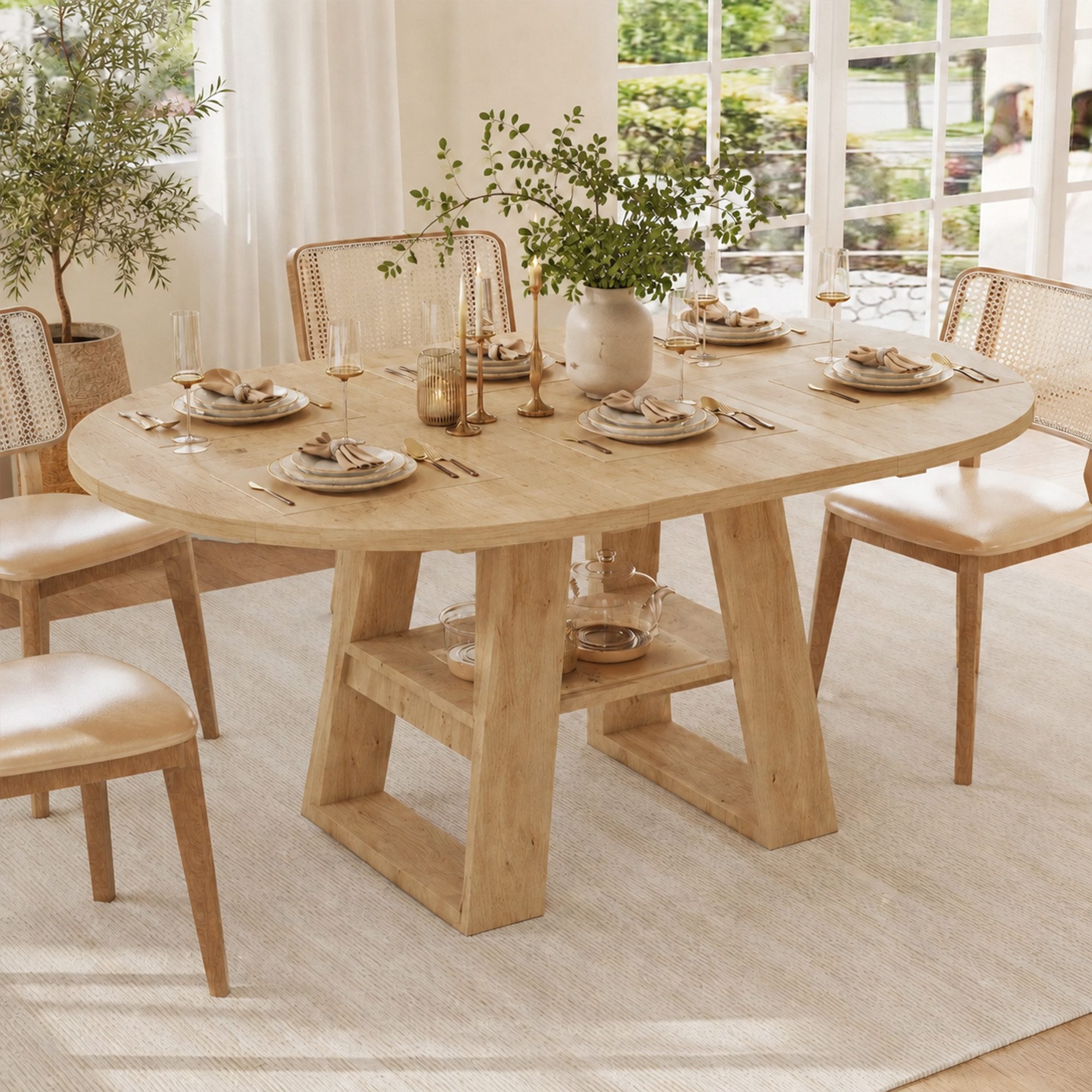 Flieks Esstisch ausziehbarer Küchentisch rund/oval mit Stauraum (verstellbare Länge 110-150x110x75 cm, 1-St., 1 Tisch), erweiterbarer Tisch mit Ablagen Schreibtisch Holzoptik Natur