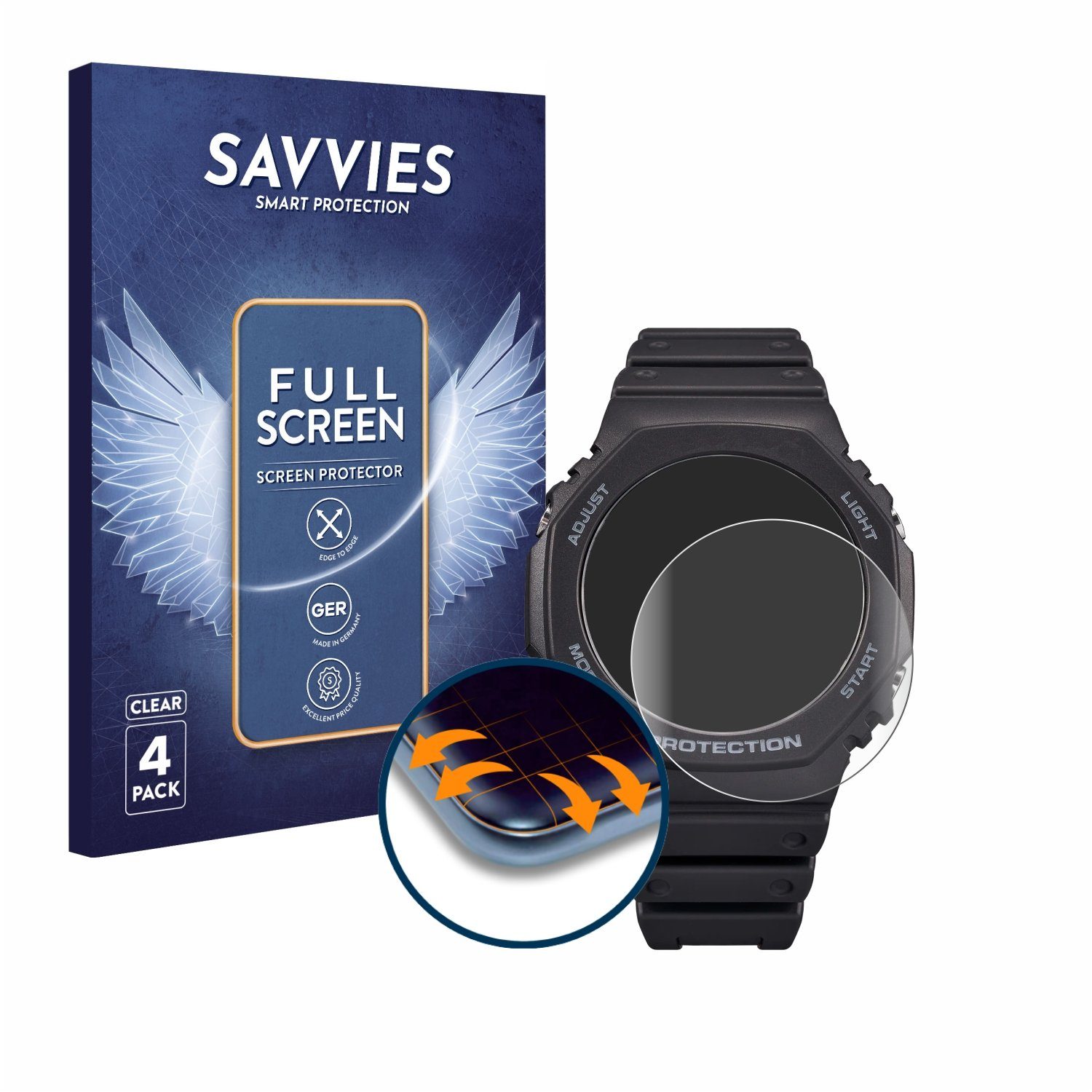 Savvies Displayschutzfolie Fullscreen Schutzfolie für Casio G-Shock GA-B2100, 4 Stück, Displayschutz Folie Fullcover Klar Transparent