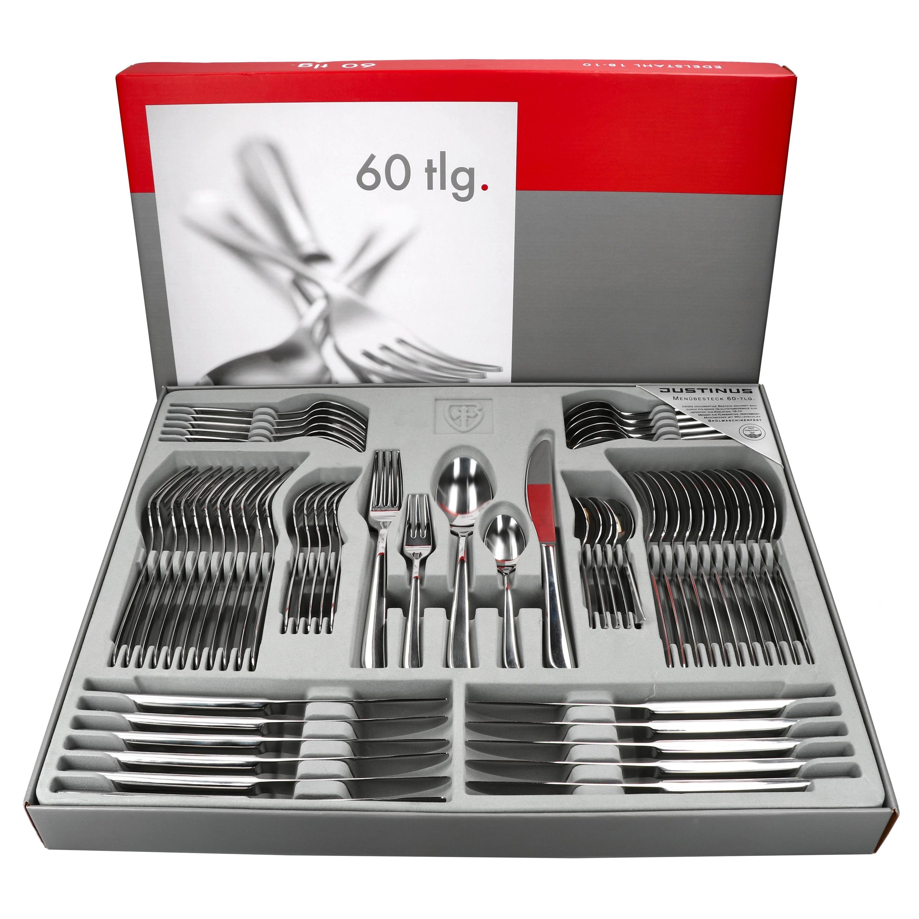 Justinus Besteck-Set 60tlg Twist Komplett-Besteck-Set für 12 Personen, Edelstahl