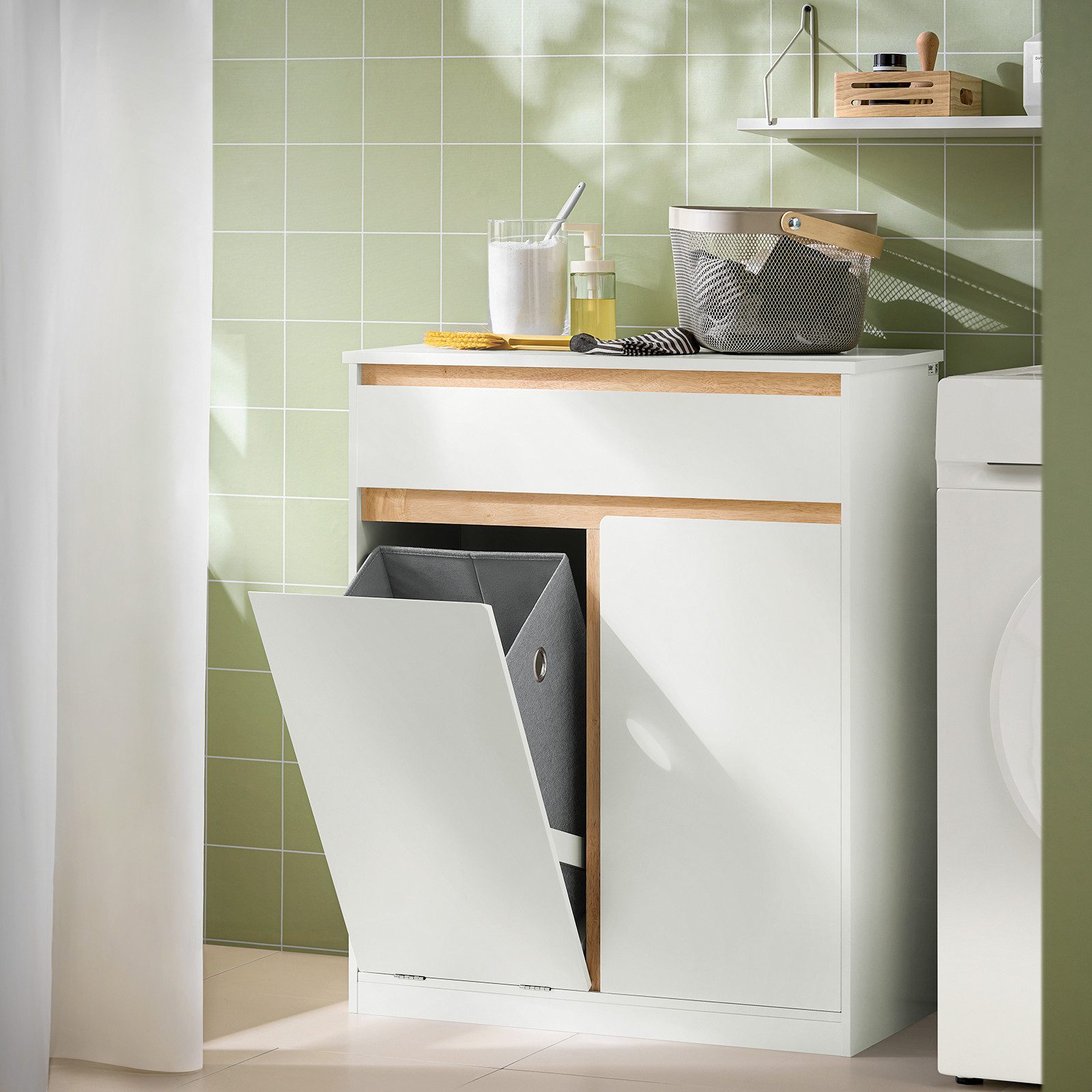 SoBuy Badkommode BZR79, Wäscheschrank mit Wäschesäcken Wäschekorb Wäschesack Badezimmerschrank