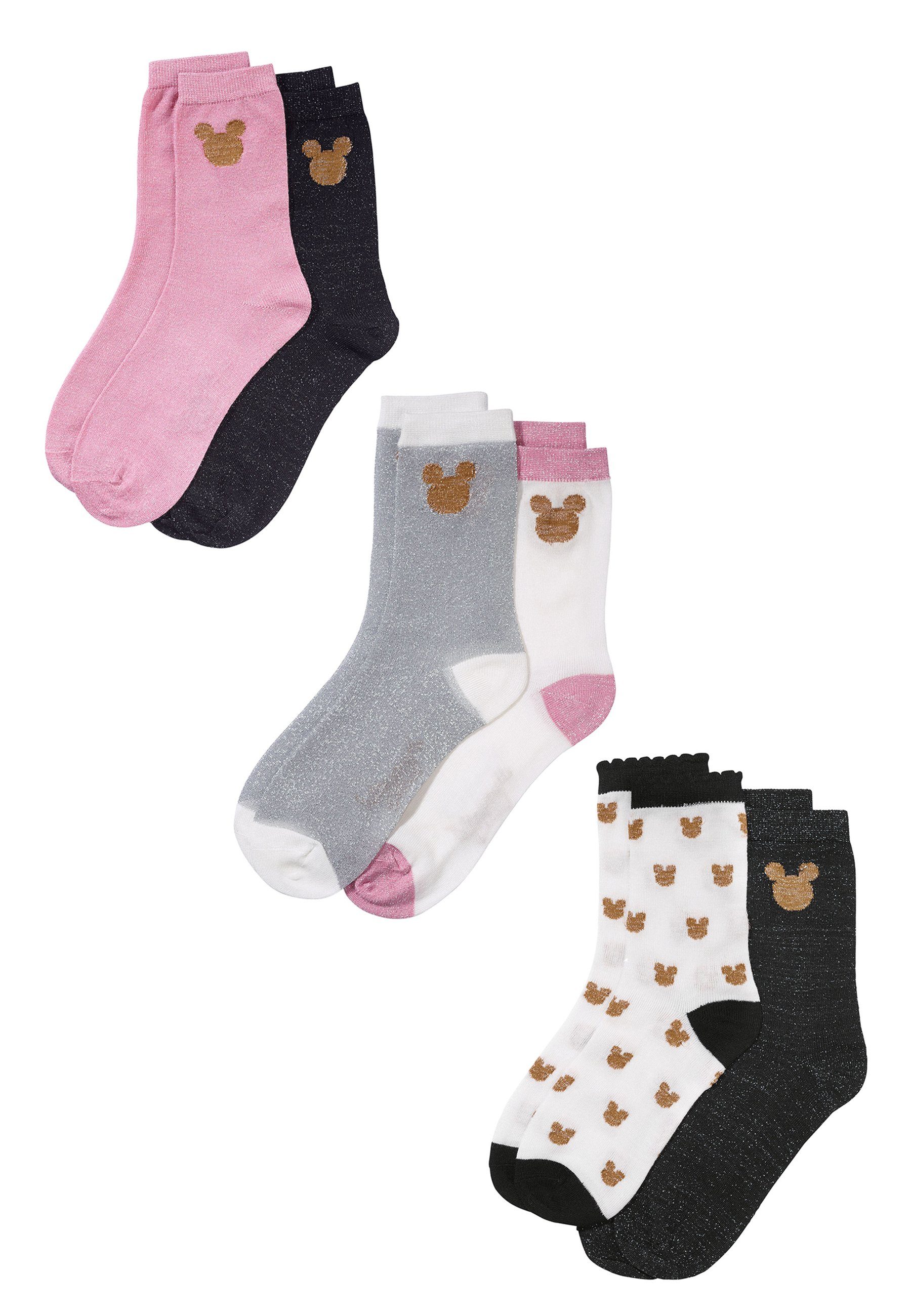 ONOMATO! Socken Mickey Mouse Damen Strümpfe Socken 6er Pack (6-Paar) rosa/schwarz