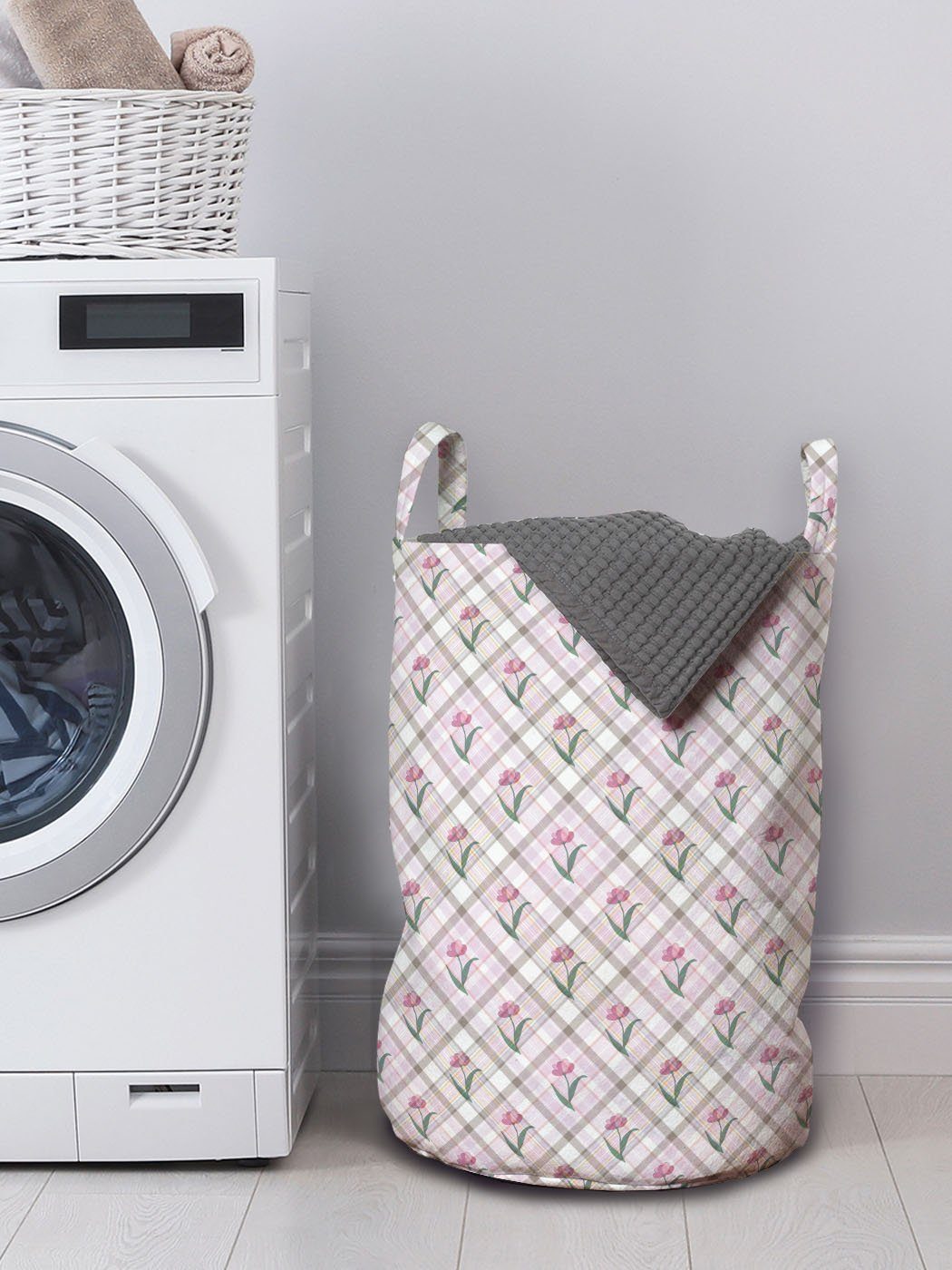 Wäschesäckchen Waschsalons, für mit Abakuhaus Floral Kariert Wäschekorb Diagonale Kordelzugverschluss Linien Griffen