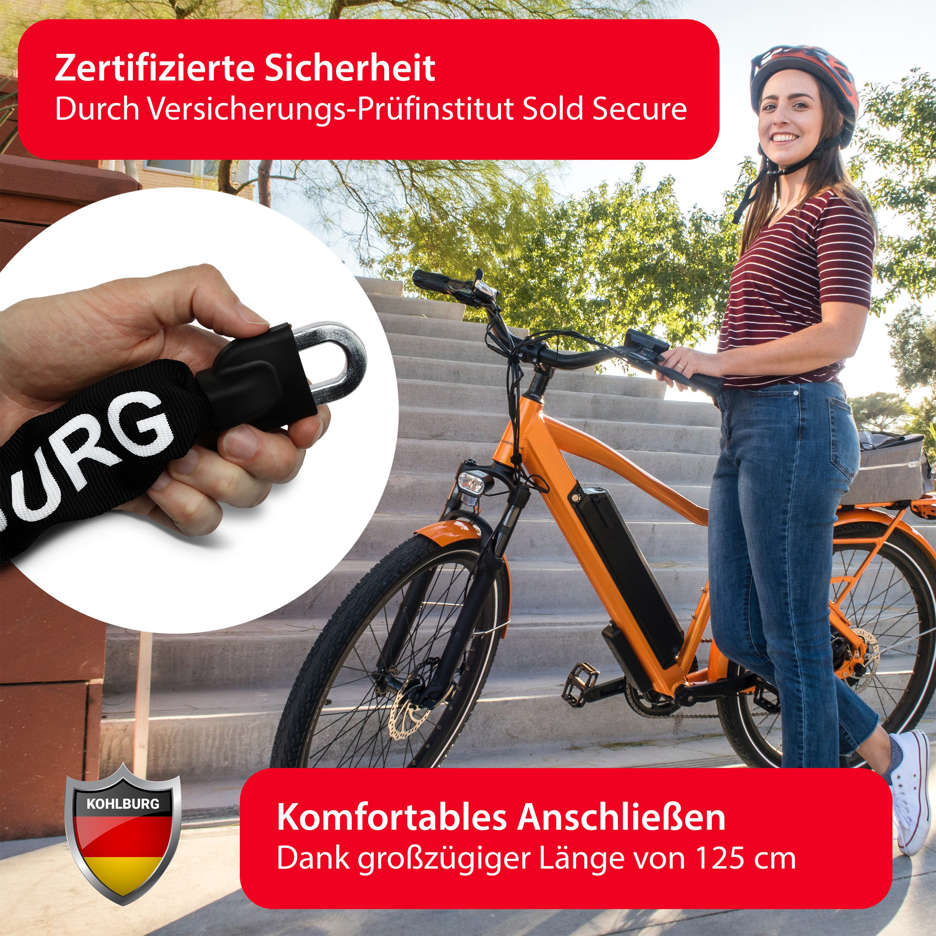 KOHLBURG Kettenschloss Sicherheits-Fahrradschloss 125 cm lang für E-Bike, Fahrrad & Motorrad, mit 8,3mm starker 4-Kantkette aus gehärtetem Spezialstahl