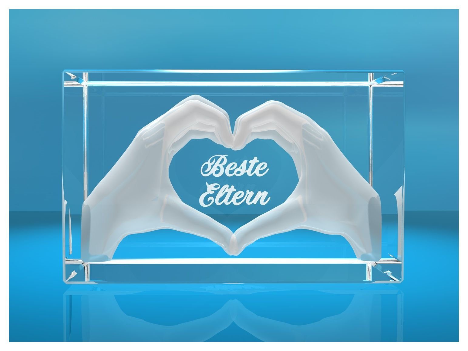 Dekofigur 3D Glasquader I Herz aus Händen mit Gravur I Text: Beste Eltern, günstig online kaufen