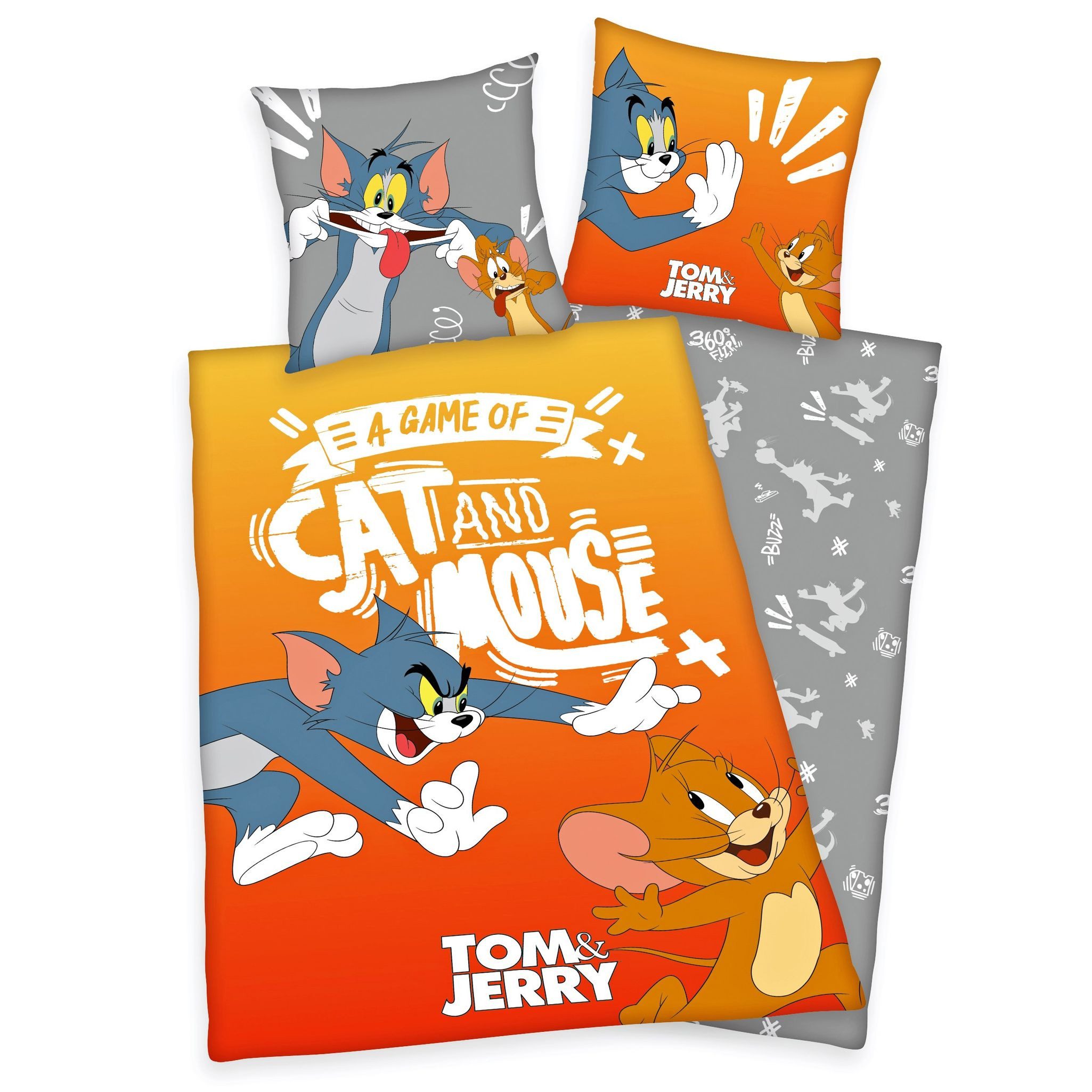 Herding Kinderbettwäsche Tom & Jerry 135x200cm Jagd nach Katz & Maus, Renforcé, 2 teilig, TOM AND JERRY, Orange Anthrazit, Baumwolle