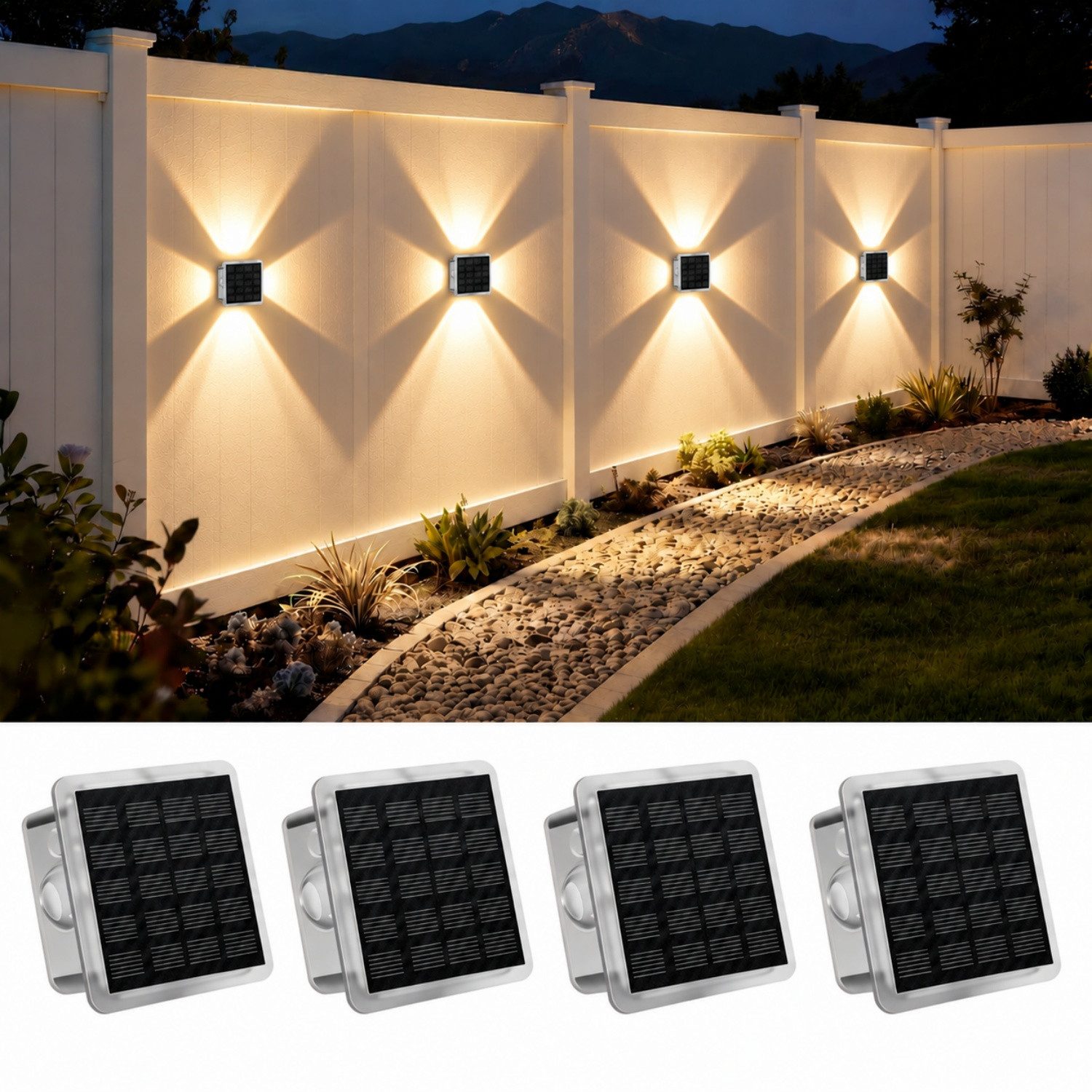 ibettertec LED Außen-Wandleuchte Solar nfür, Up and Down Solarlampen für Außen Wand, 2/4 Stück, IP66 Wasserdicht, 4 LEDs, 9 Farbmodi Solarleuchten für Garten Hof Terrassen Balkone Veranden