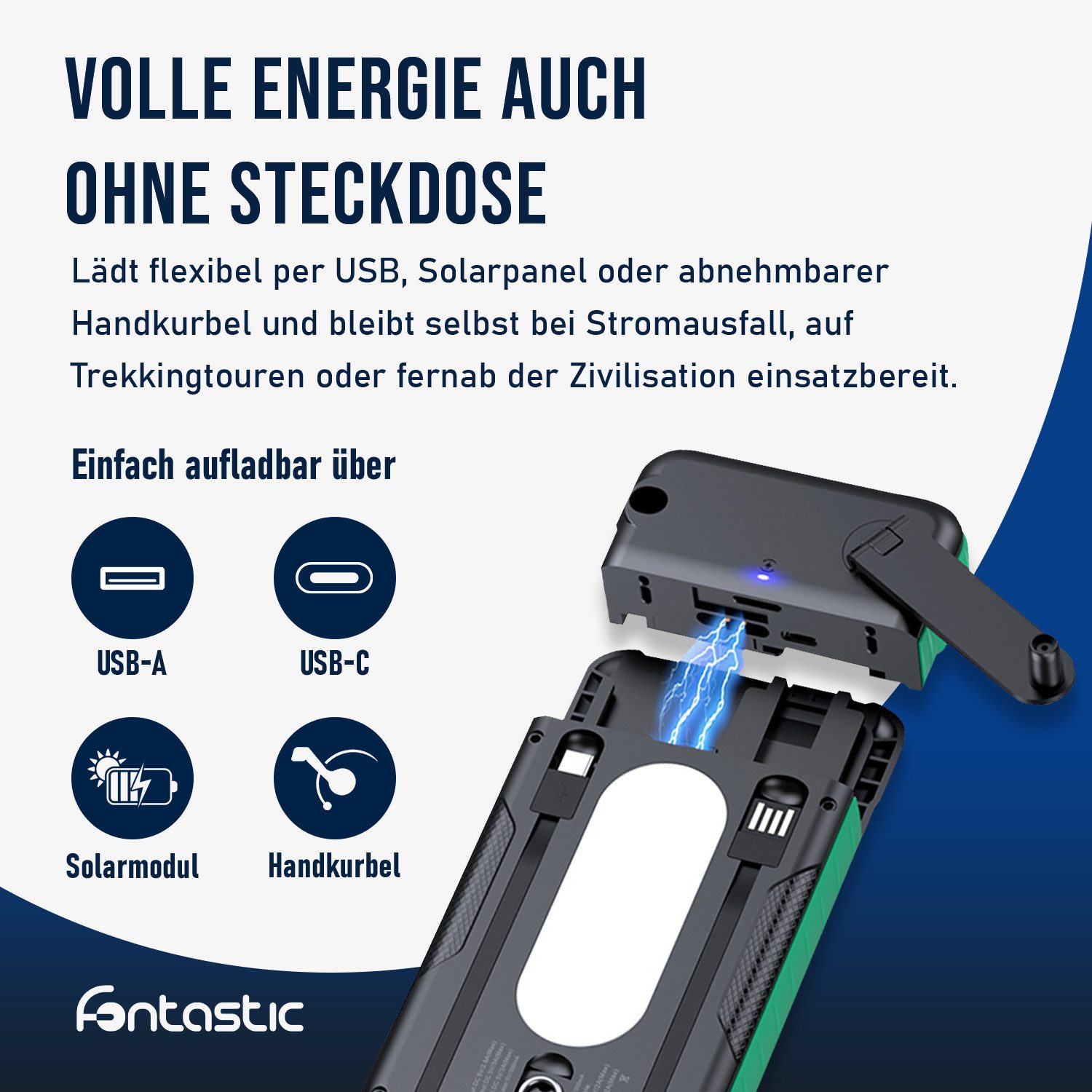 fontastic Crank Solar Powerbank 10000mAh Kurbel USB-C Outdoor Solar Powerbank