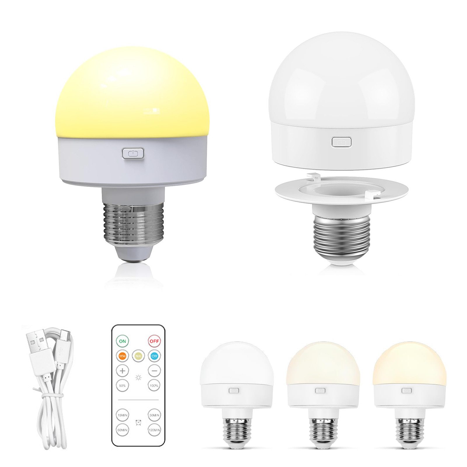 Jibenhome LED Nachtlicht USB Dimmbar LED Glühbirne, Schranklicht E27 Akku Aufladbar Batterie, 3 Farben, Wiederaufladbare mit Fernbedienung & Timing