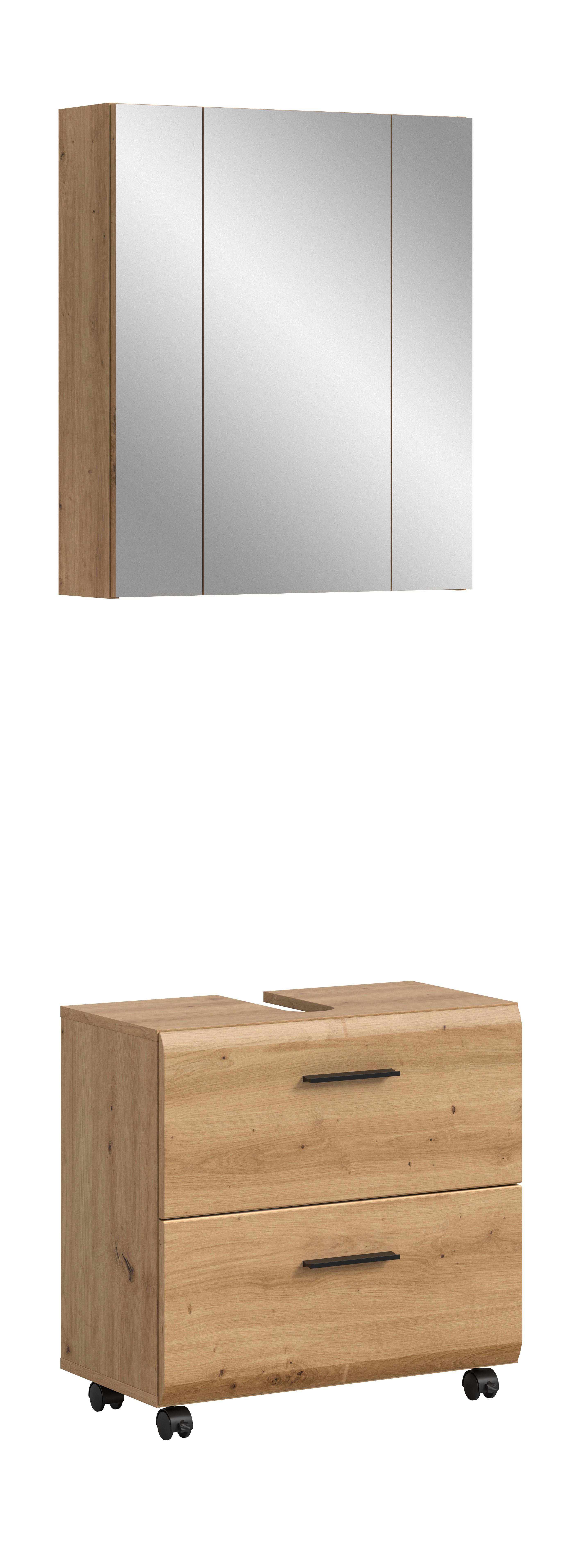 furnling Badmöbel-Set auf Rollen - Ivy, (2-St., Spiegelschrank, Waschbeckenunterschrank), Unterschrank mit 2 Türen & Siphon-Ausschnitt, Höhe 185 cm