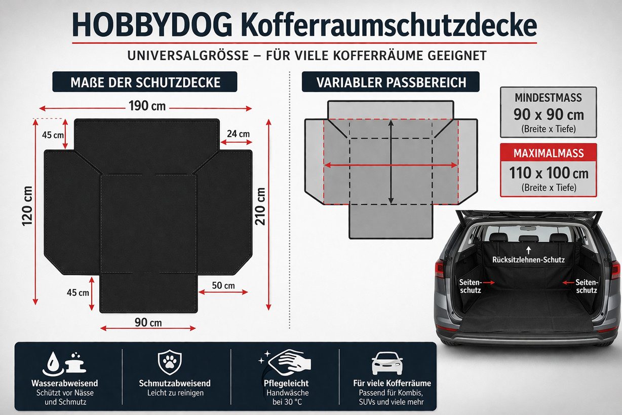 Hobbydog Tier-Autoschondecke HOBBYDOG Kofferraumschutzdecke Hund mit Seitenschutz Universal 90–110, Universalgröße (90×90 bis 110×100 cm)