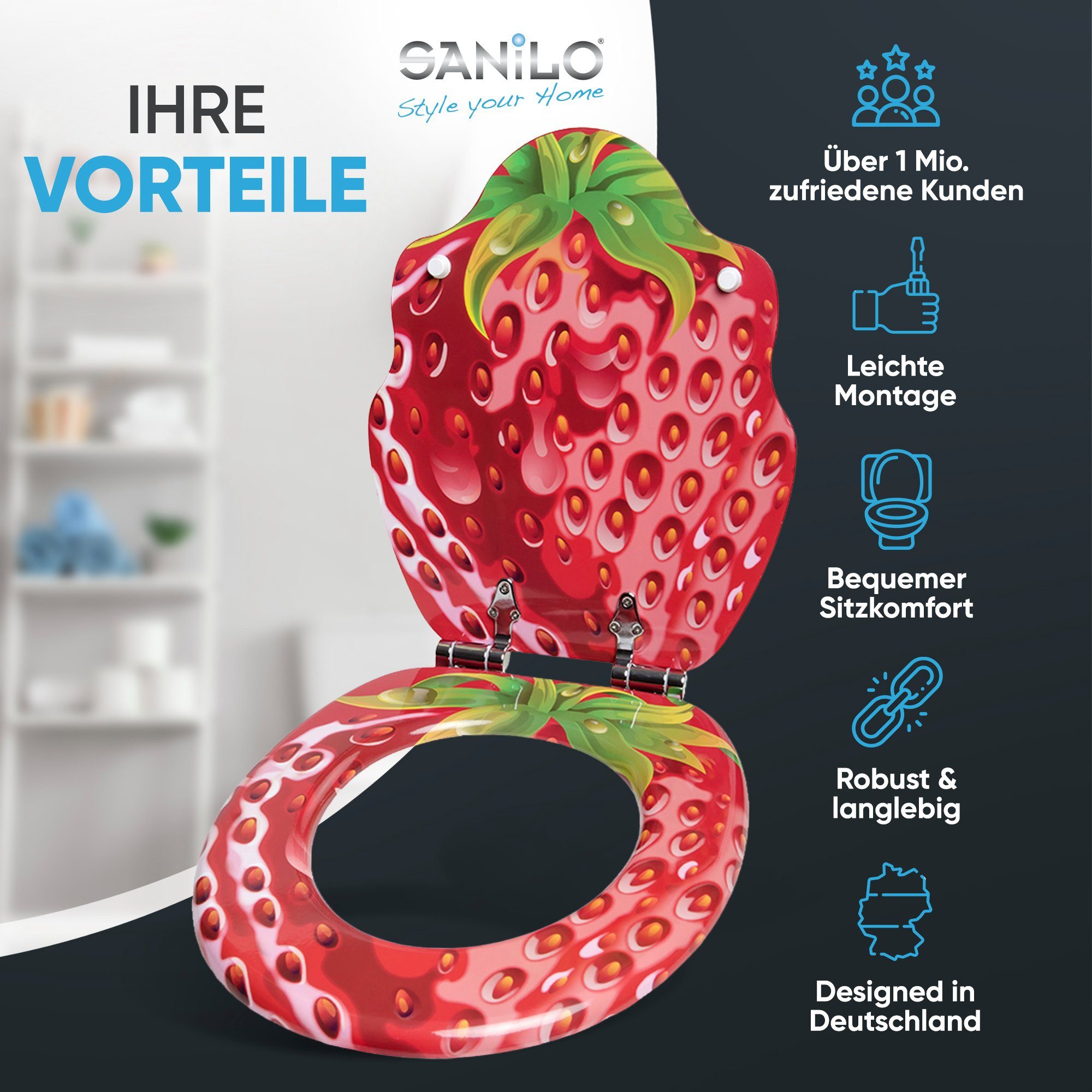 Sanilo WC-Sitz Strawberry mit Absenkautomatik, Toilettendeckel direkt vom Hersteller, hochwertig & modern mit Motiv, universell, leichte Montage