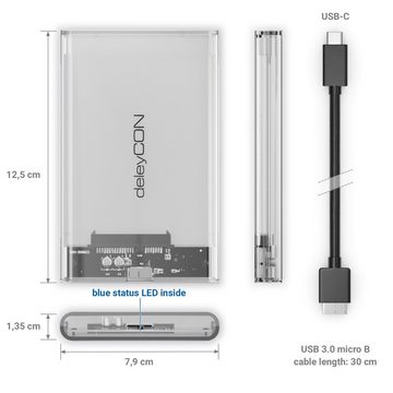 deleyCON Festplatten-Gehäuse deleyCON USB-C Festplattengehäuse 2,5" HDD SSD 7mm 9mm USB3.1 Gen 1