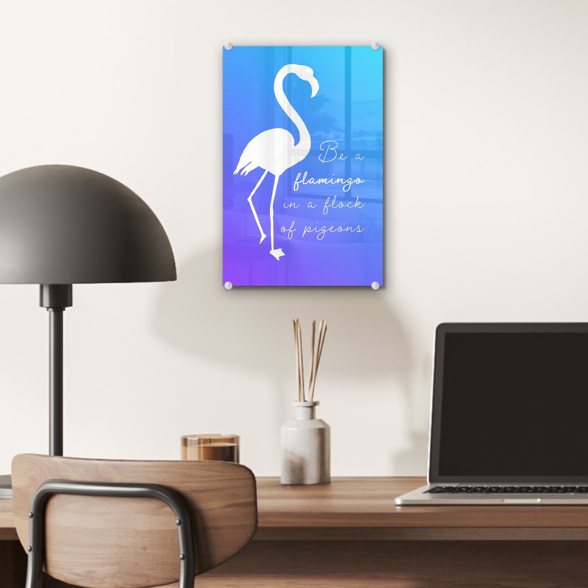MuchoWow Acrylglasbild Glas auf Bilder Flamingo, - Blau Weiß Glas Wanddekoration - Foto - St), - auf bunt Wandbild Glasbilder - (1