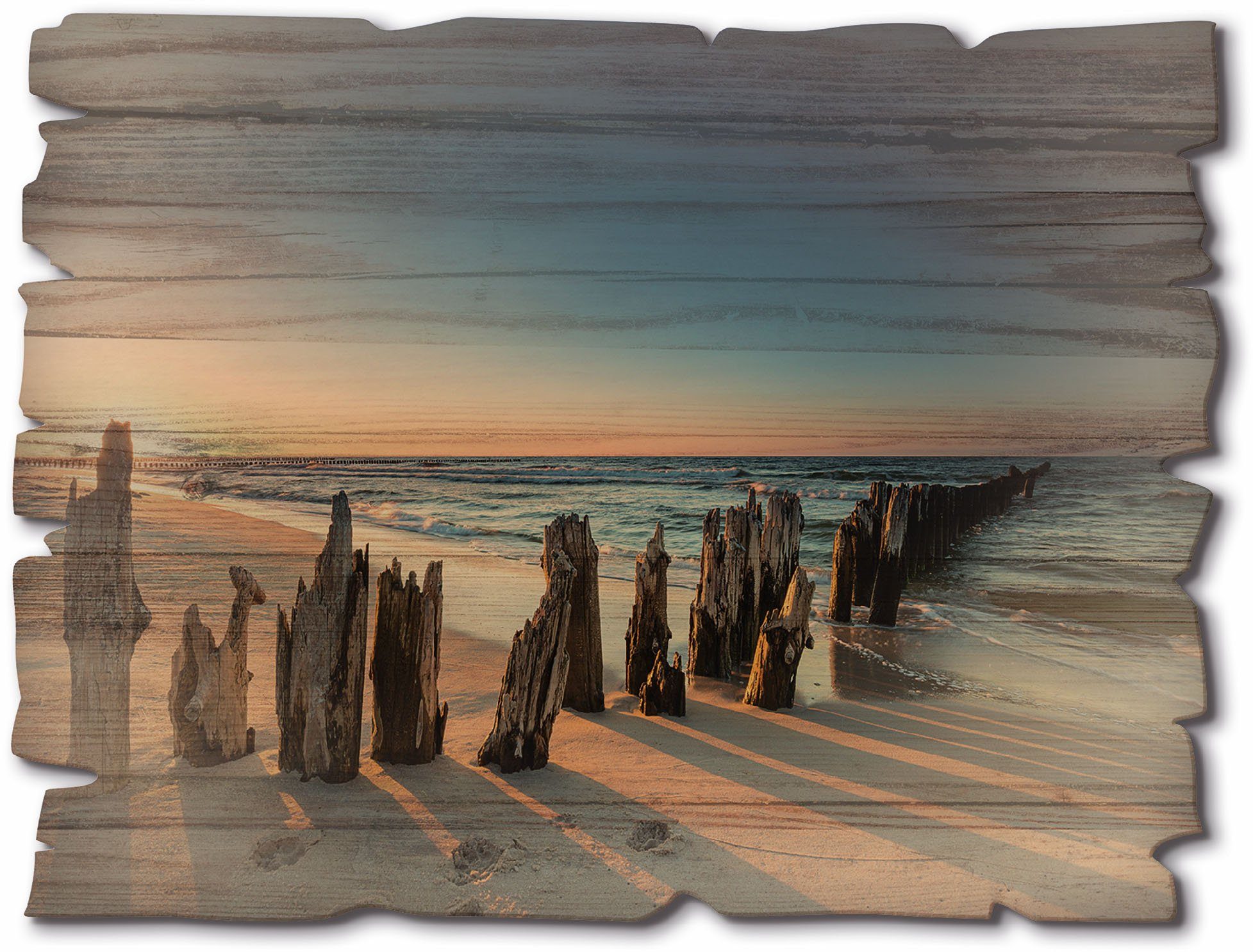 Bilder Holzbild Meer Strand Wellenbrecher, Sonnenuntergang Artland (1 St)