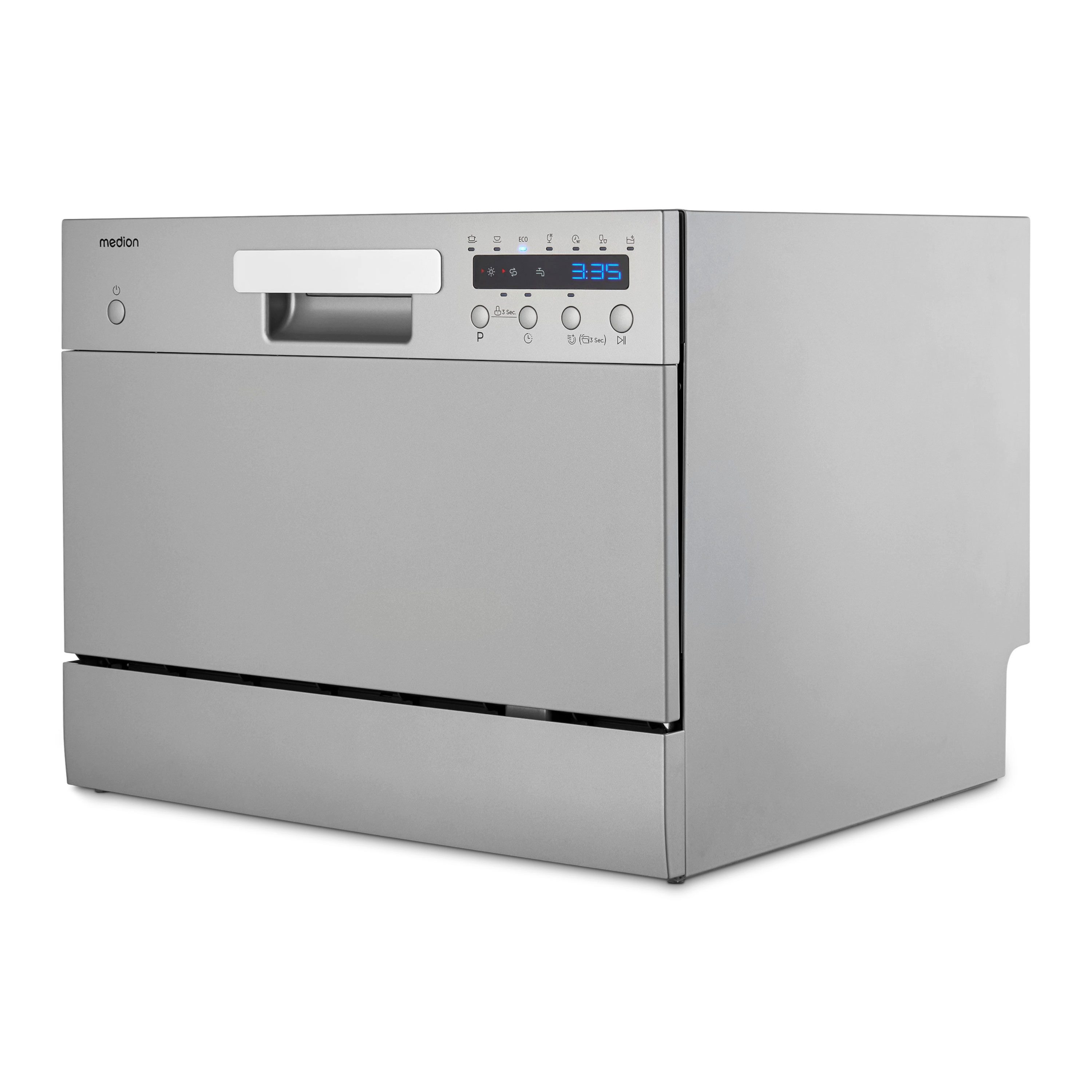 Medion® Tischgeschirrspüler MD37496, 6 Maßgedecke, mit/ohne Wasseranschluss, 7 Reinigungsprogramme, freistehend, silber