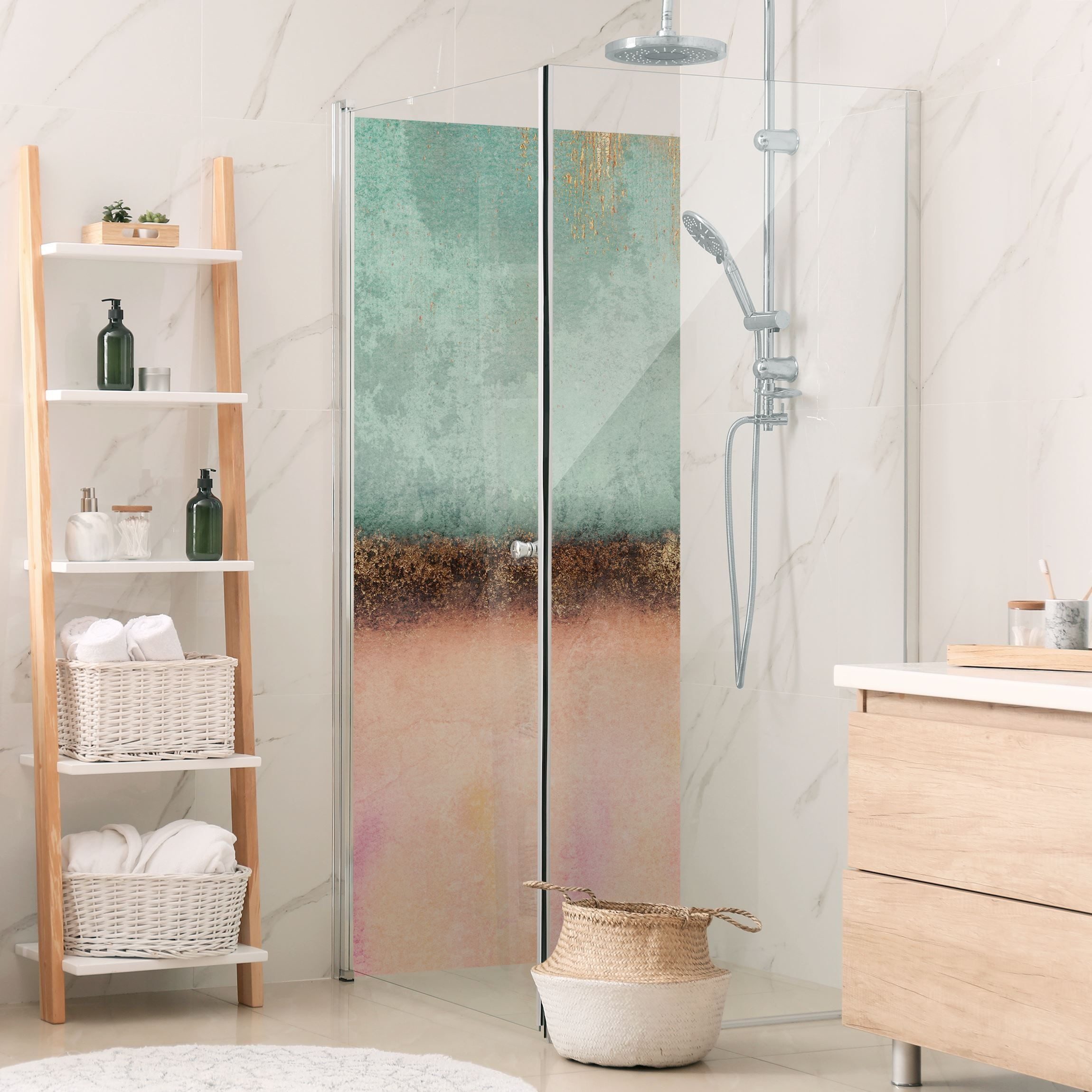 Bilderdepot24 Duschrückwand Muster orange Duschrückwand ohne Bohren Dusche Kunst, (1-tlg., 0,61 mm starke Folie selbstklebend Wandpaneele Dusche versch. Größen), fugenlose & wasserfeste Motiv Rückwand Wandverkleidung für Duschkabine