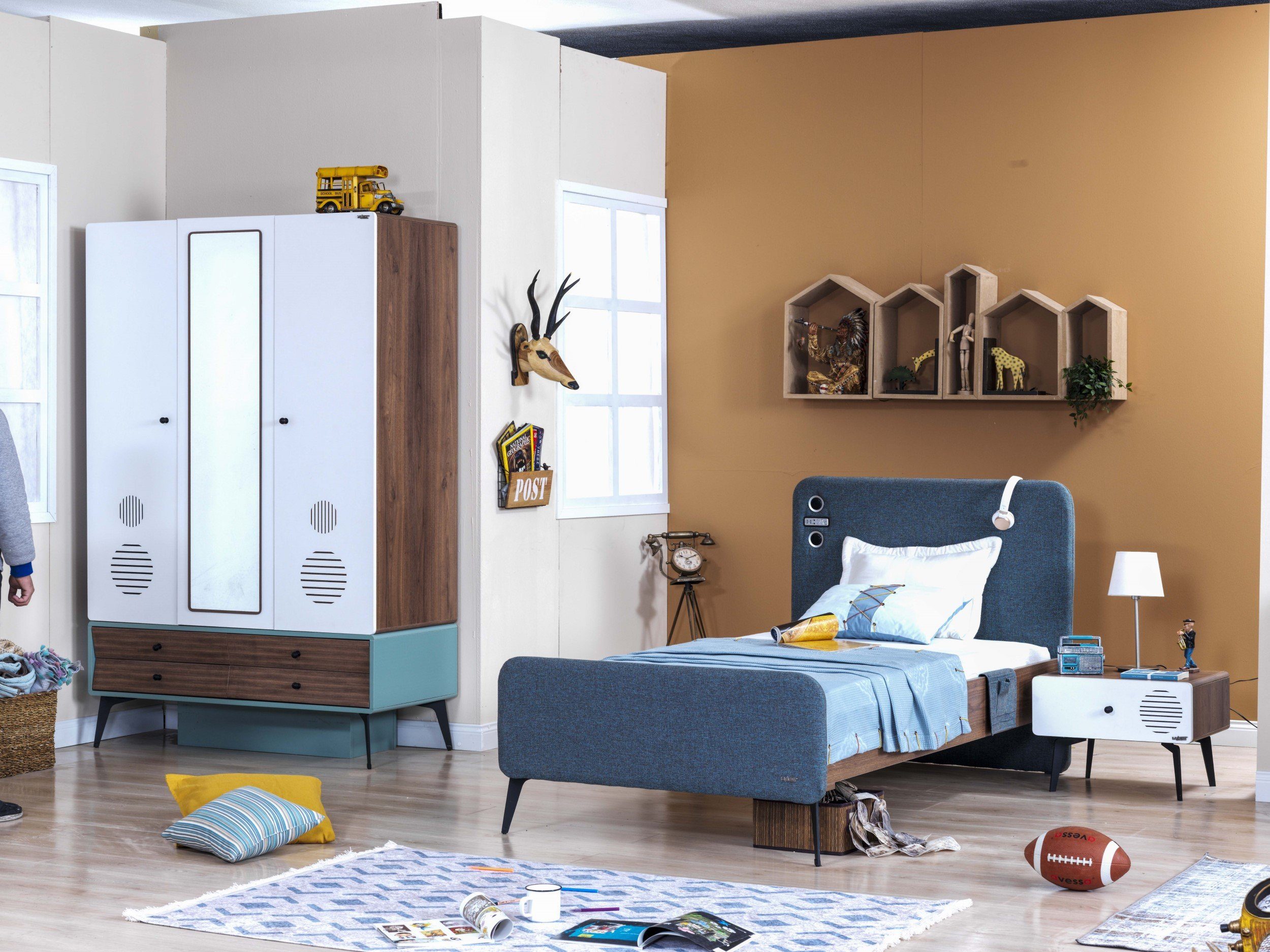 Möbel-Lux Jugendzimmer-Set Atom Lajivert, (Set, 3-St., Jugendbett, Kleiderschrank, Nachttisch), mit Lautsprecher, LED, USB 100x200cm