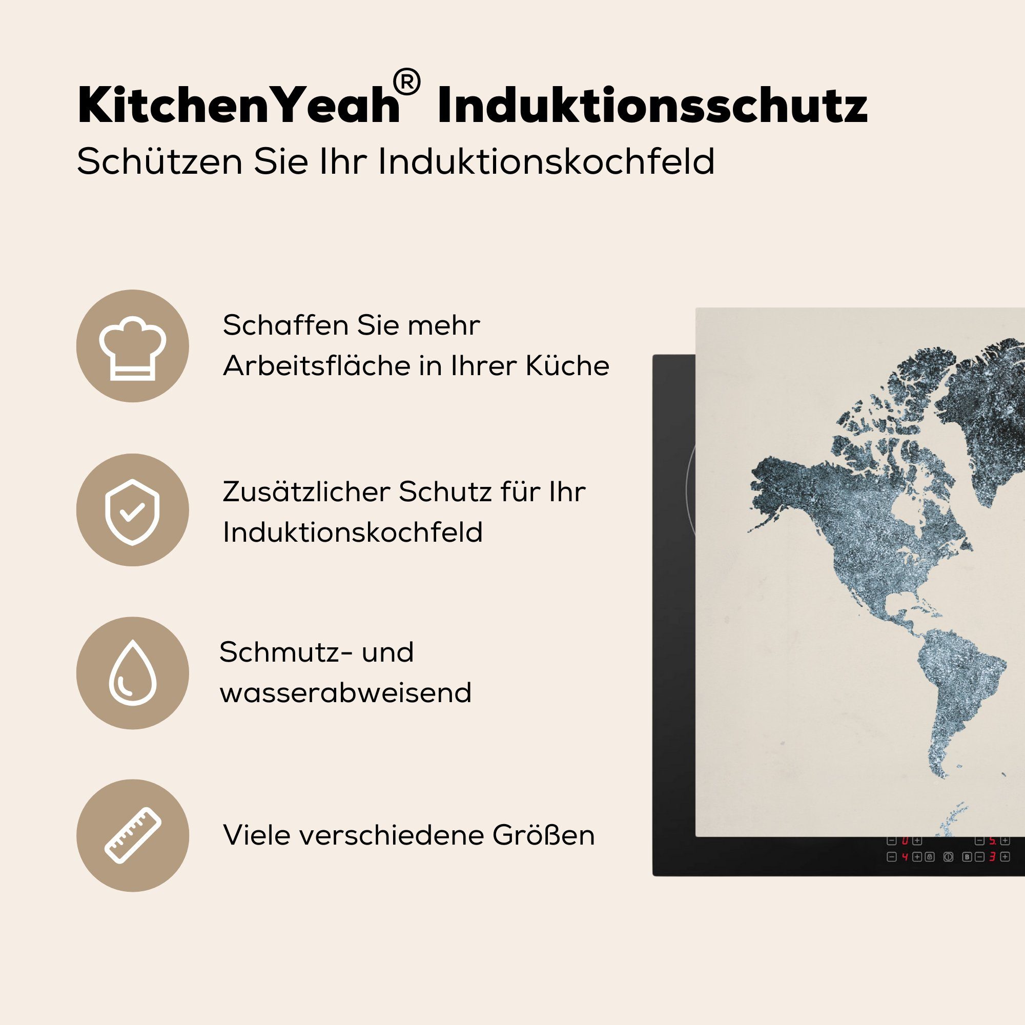 MuchoWow Herdblende-/Abdeckplatte Vinyl, Weltkarte Schutz Induktionskochfeld die küche, für (1 Ceranfeldabdeckung tlg), 81x52 cm, Schwarz - Silber, 