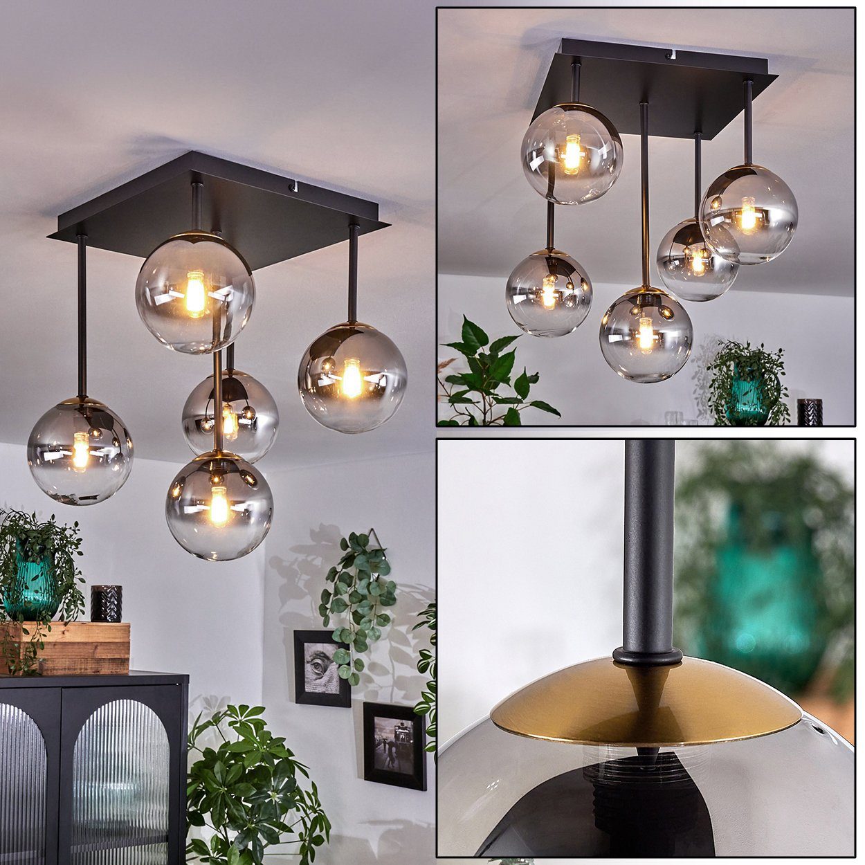 hofstein Deckenleuchte Deckenlampe aus Metall/Glas in Schwarz/Goldfarben/Rauchfarben/Klar, ohne Leuchtmittel, Leuchte im Retro-Design aus Glas, 5 x G9 LED, ohne Leuchtmittel