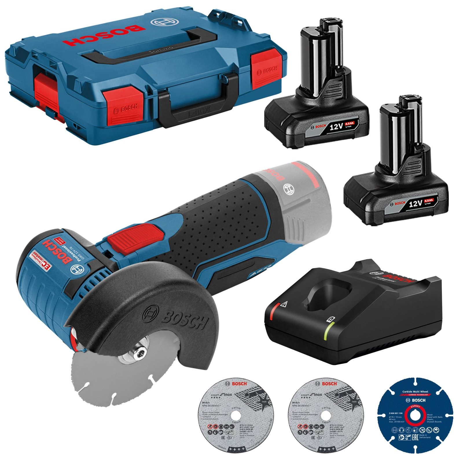 BOSCH Akku-Winkelschleifer Bosch Akku-Winkelschleifer GWS 12V-76 Ø 76 mm / 2x 4,0 Ah Akku + Ladeg