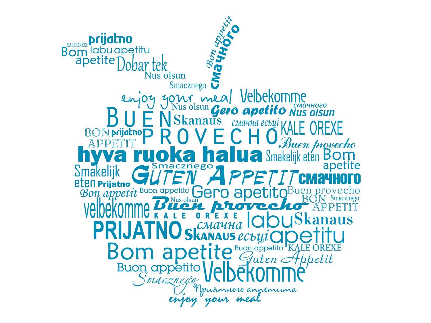 queence Küchenrückwand Apfel - Blau - Guten Appetit - Sprachen - Spritzschutz Wandschutz, (1-tlg), 60x40x0,3 cm - Hitzebeständig - Herdspritzschutz - Alu-Dibond
