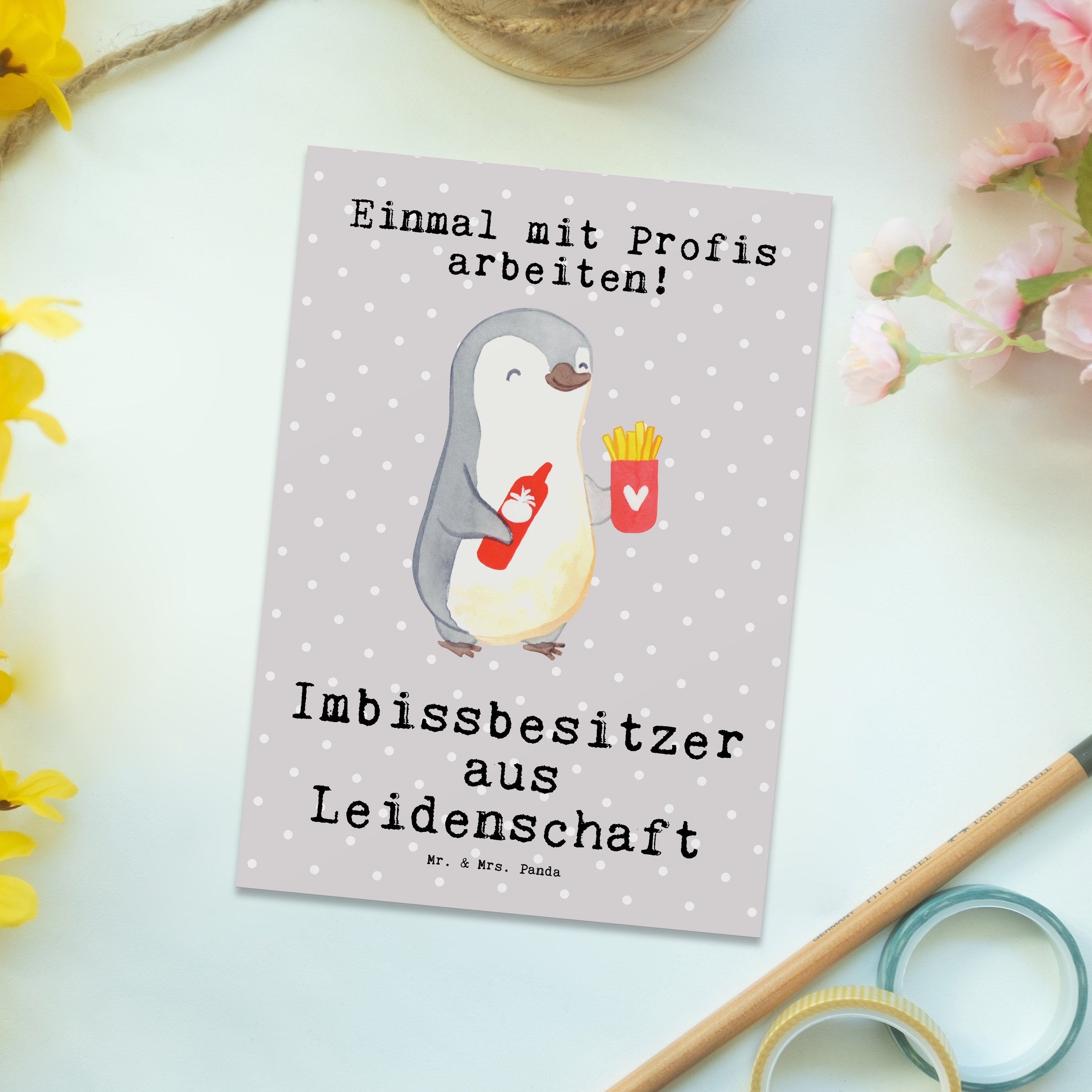& Imbissbesitzer Postkarte Geschenk, Leidenschaft Pastell Panda aus Grau - Mr. Imbissverk Mrs. -