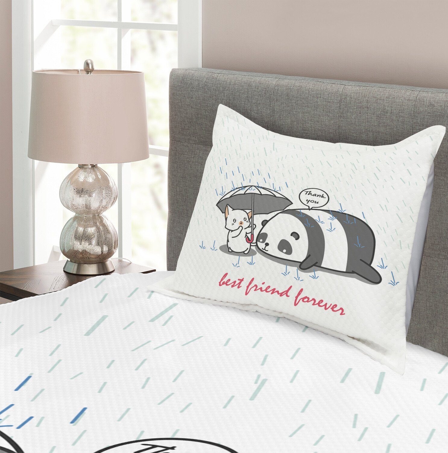 Tagesdecke Set mit Kissenbezügen Waschbar, Abakuhaus, und Regen Panda-Bär im Katze Kindergarten