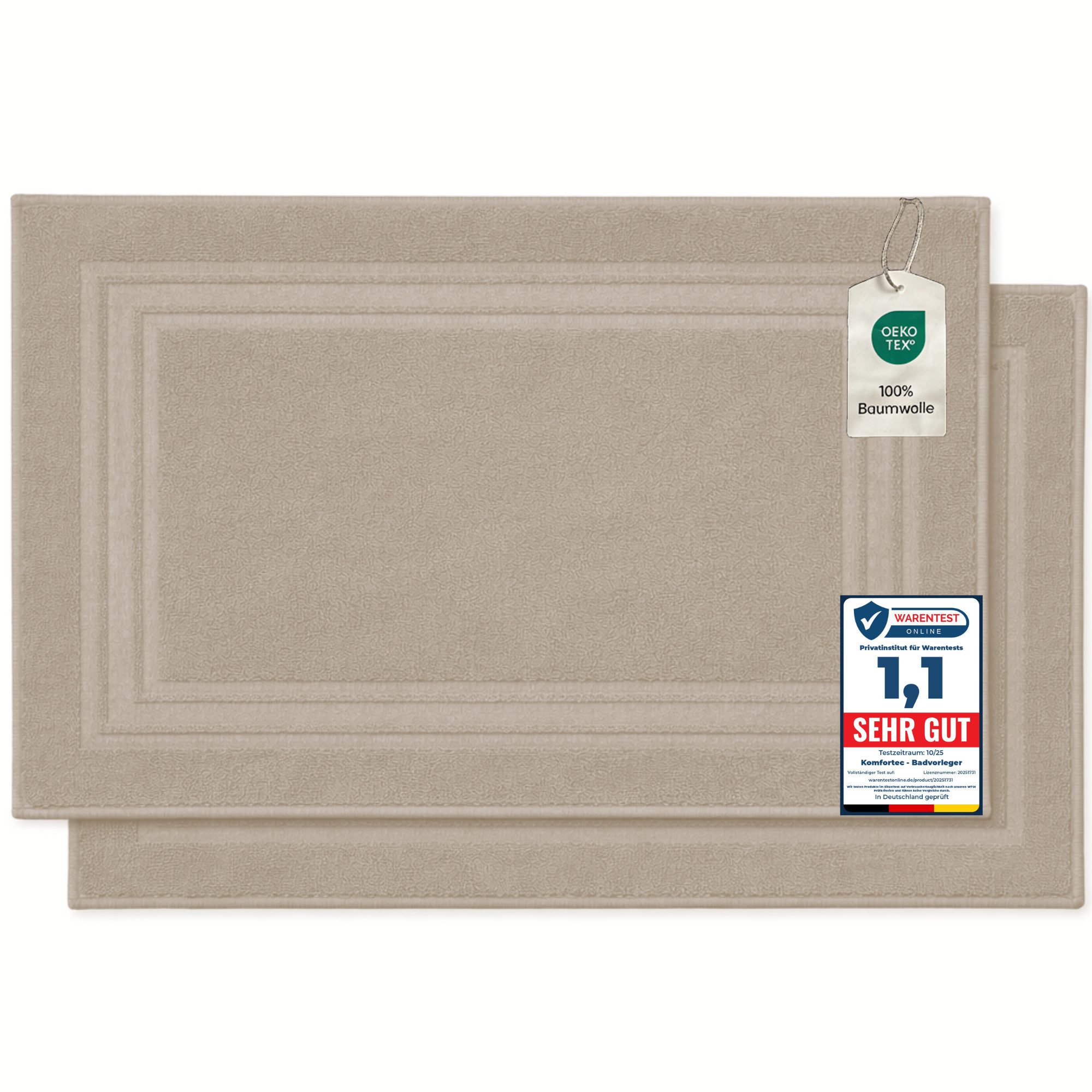 Komfortec Badematte Badvorleger aus 100% Baumwolle, 50x70 cm Duschvorleger, Waschbar Duschmatte, Frottee, Rechteckig, 600 g/m², 2er Set, Saugfähig & Schnelltrocknend