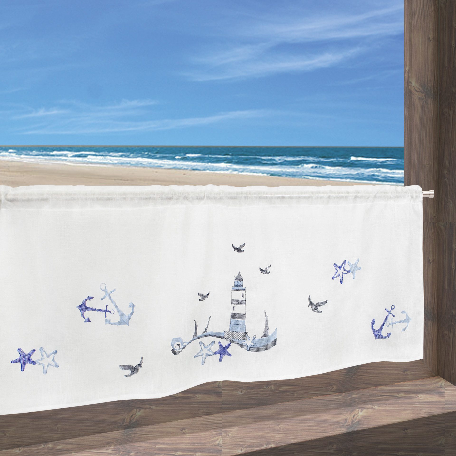 Delindo Lifestyle Scheibengardine Leuchtturm maritim, Stangendurchzug günstig online kaufen