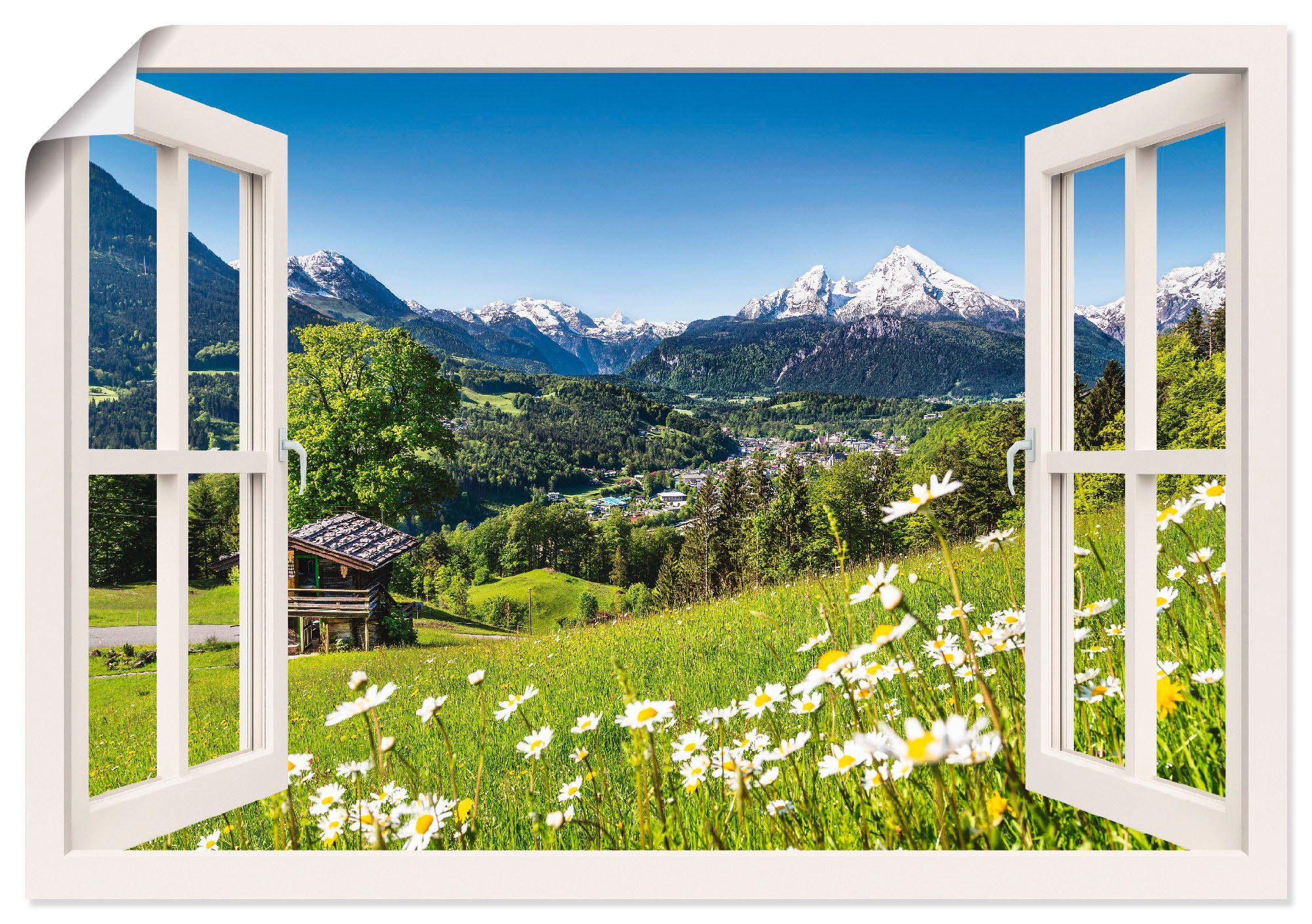 in & versch. Größen, (1 Alubild, Wandaufkleber Leinwandbild, Poster oder St), als Wandbild Größen Artland Verschiedene Produktarten Berge Alpen, Fensterblick Bayerischen