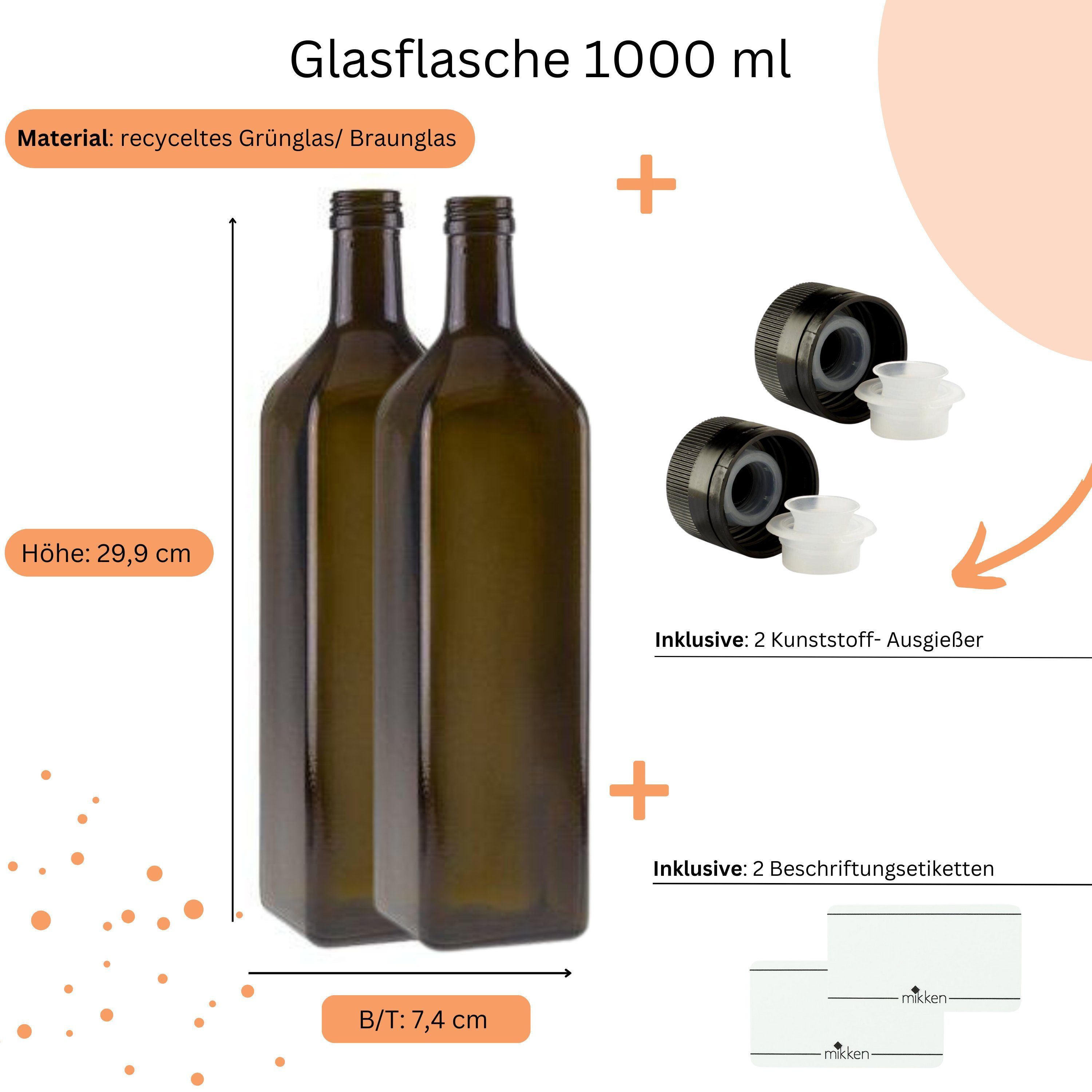 mikken Ölspender 2er Set Ölflaschen 100-1000 ml Glasflasche braun/grün mit Ausgießer, mit UV-Schutz – Bild 4 von 5