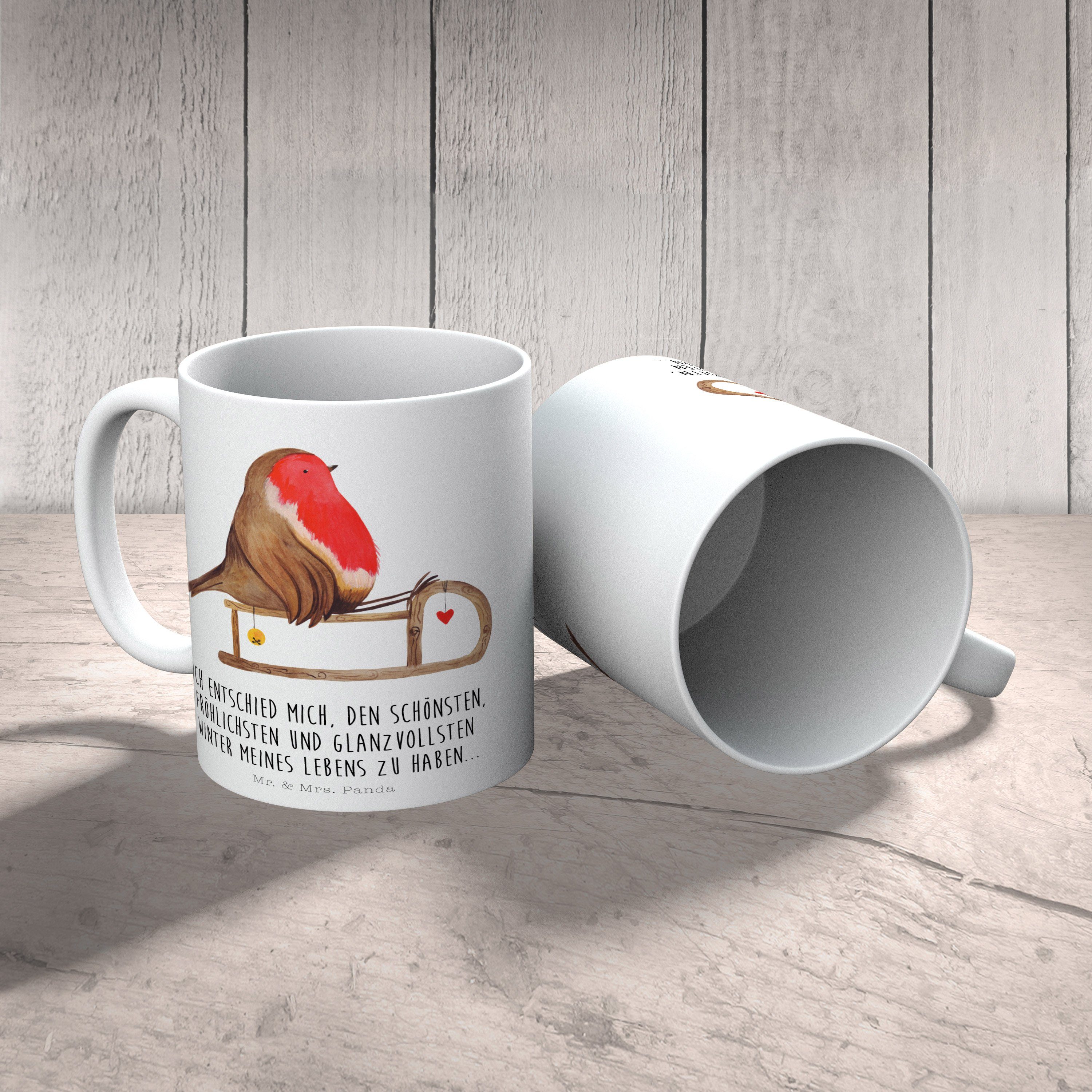 Mr. & Mrs. Panda Tasse Keramik Teetasse, Winter, Schlitten - - Geschenk, Weiß Rotkehlchen Kaffeetas