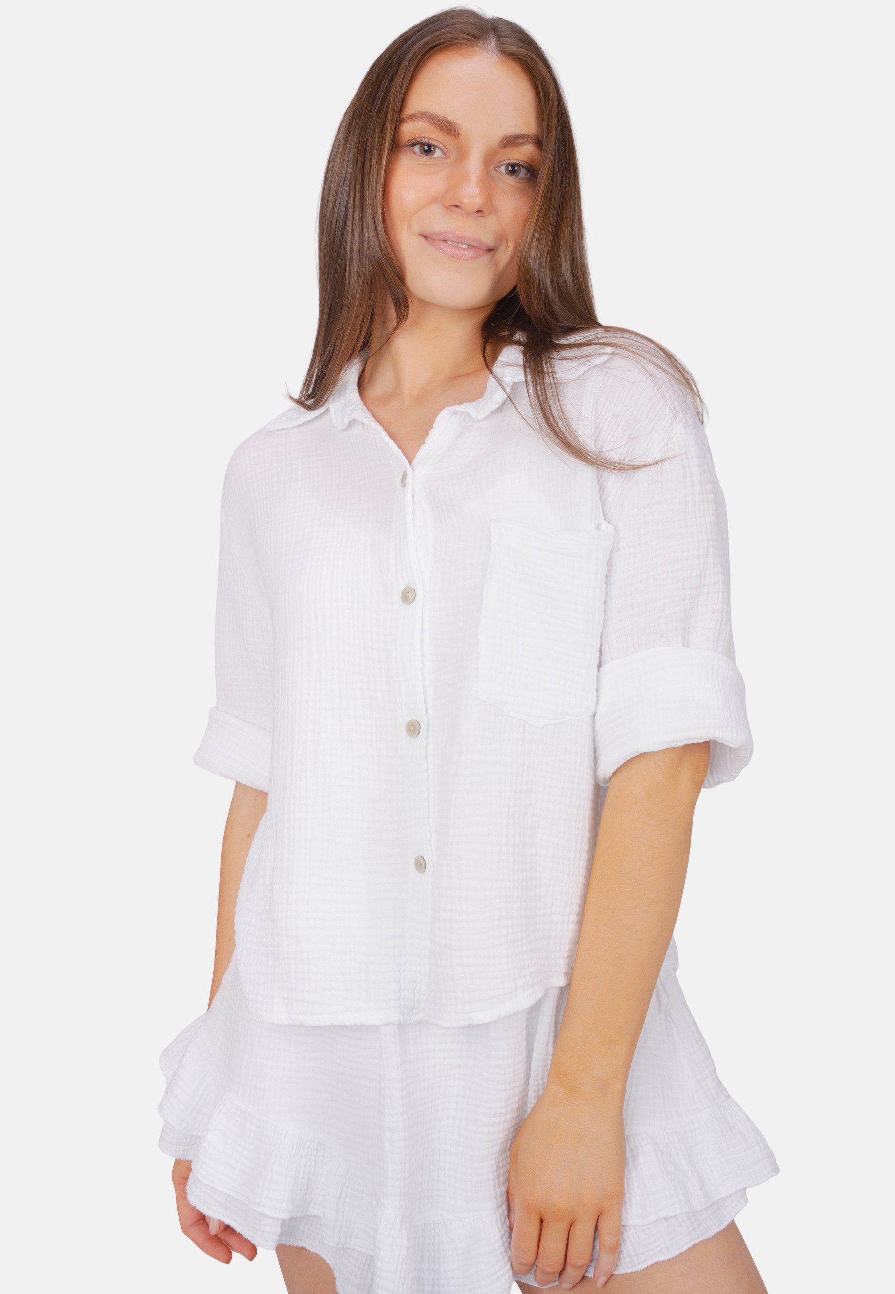 Seasons of April Hemdbluse CELINA MUSSELIN Kurze Damen Musselin Bluse mit T günstig online kaufen