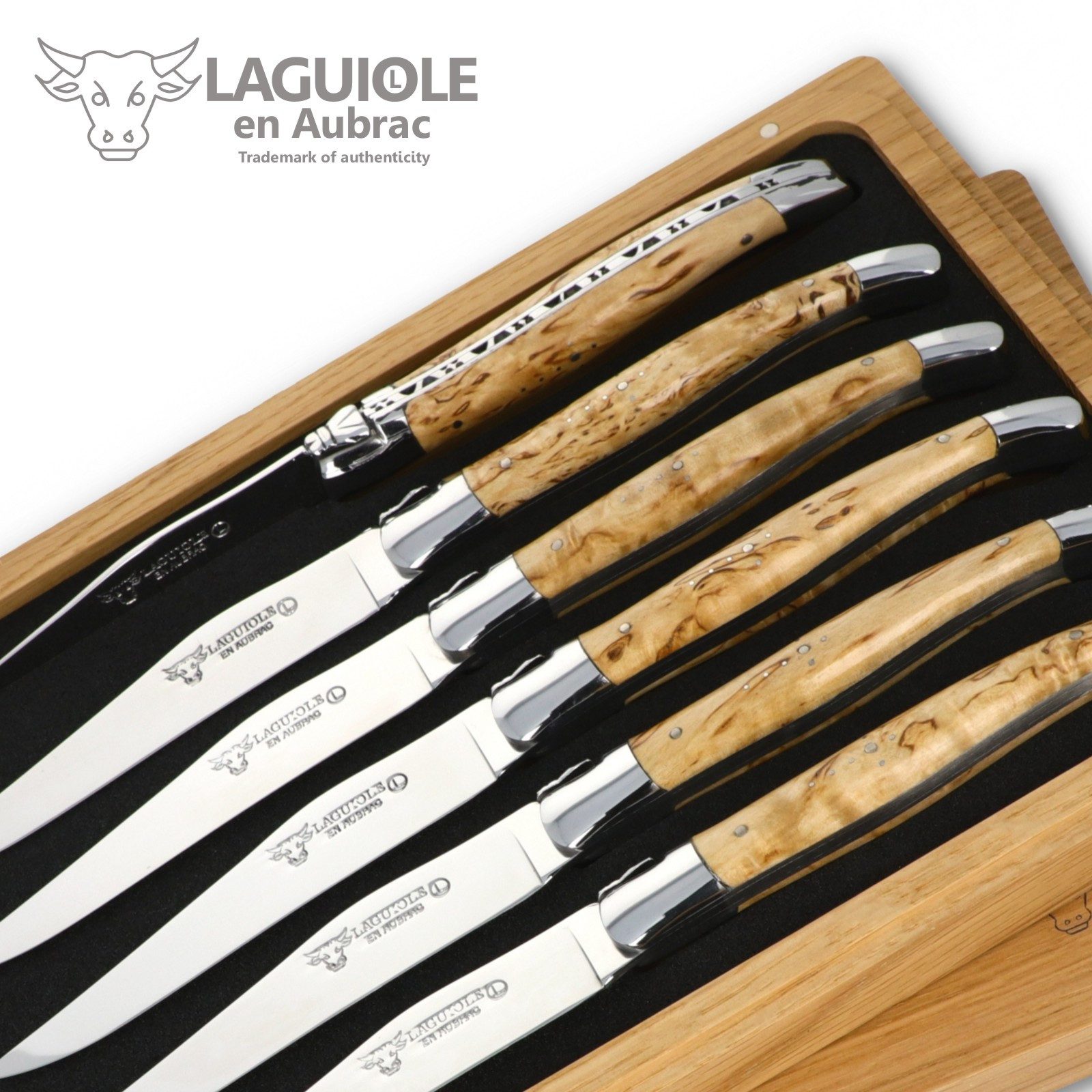 Laguiole en Aubrac Steakmesser 62C99BHIH BRI 6er Set - Griff Birke - Backen glänzend - Klinge glänzend - Holzbox
