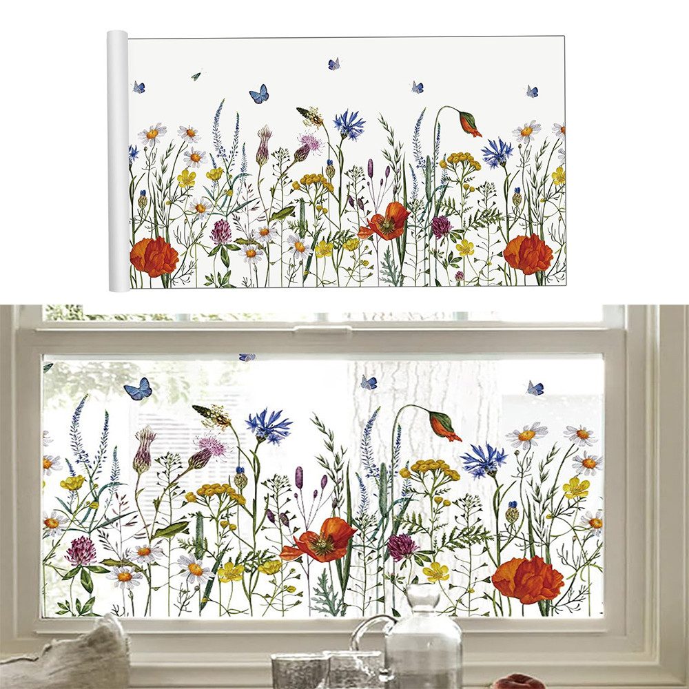 Agger Fensterfolie Selbsthaftend,abziehbare DIY-Sticker mit statischer Haftung, bunte Blumenaufkleber, Fenster Sichtschutzfolie,Balkontür Fenster