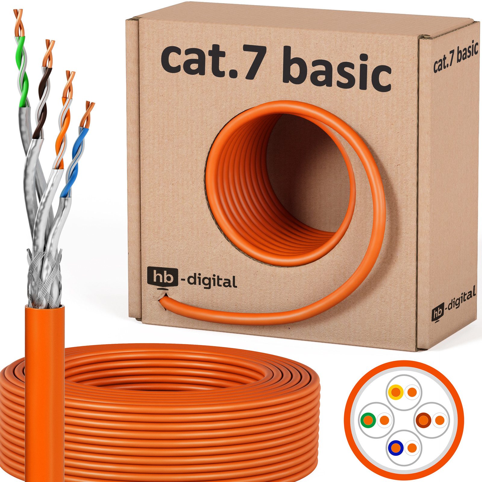 HB-DIGITAL hb-digital CAT7 Netzwerkkabel 50m Verlegekabel AWG23 orange im Karton Netzwerkkabel, (5000 cm), hohe Übertragungsleistung bis 10 Gbit/s