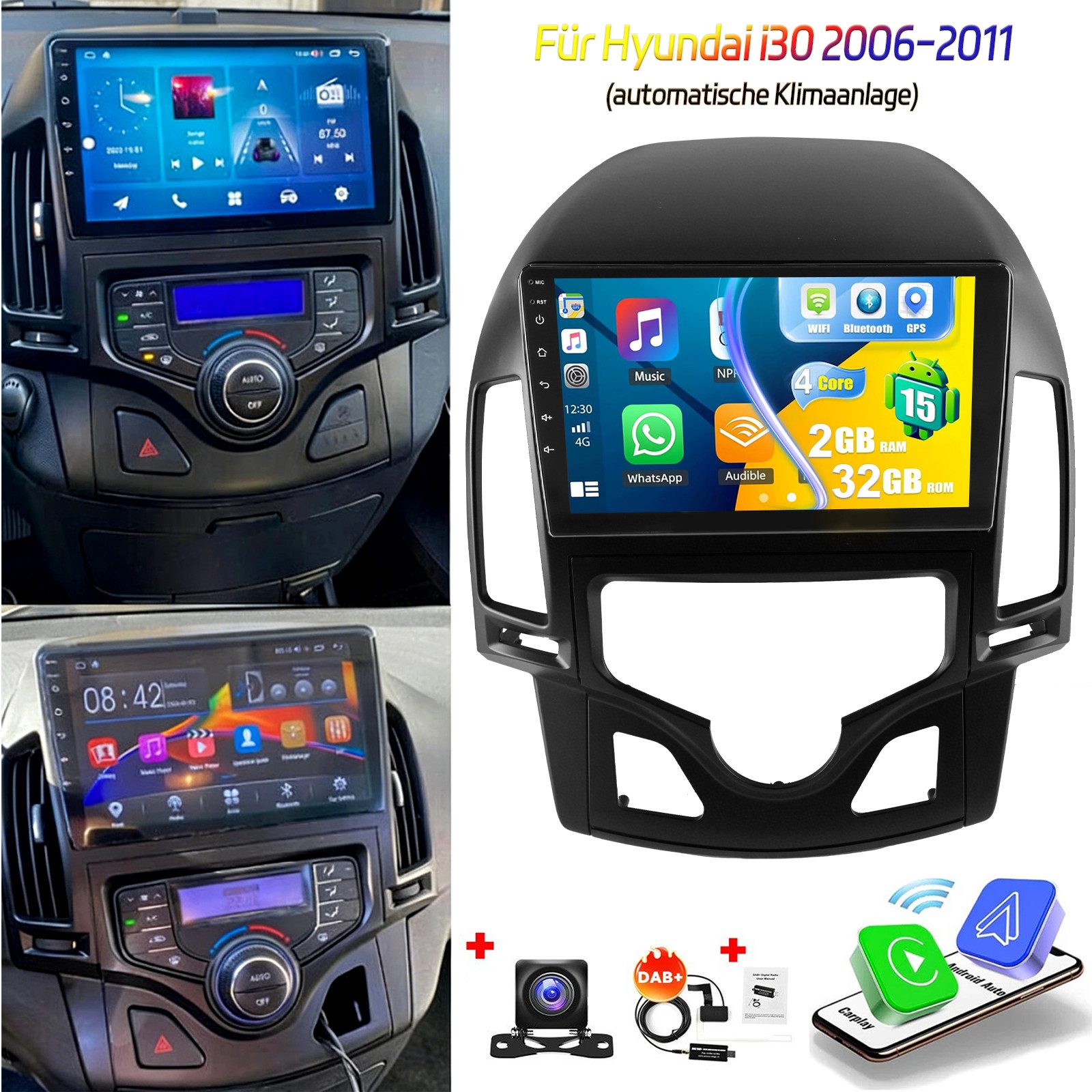 ESSGOO 9'' DAB+ Für Hyundai i30 MK1 FD 2006-11 Android 15 Carplay GPS Navi BT Autoradio (RDS, 2+64GB(optional), FM, AM, DAB+ (optional), Wireless Apple Carplay & Android Auto,2 DIN,WiFi)