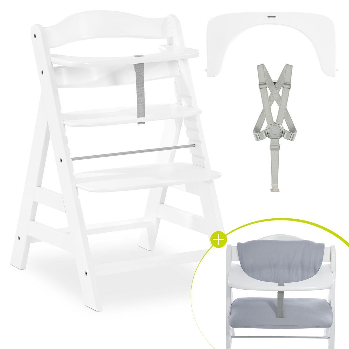 Hauck Hochstuhl Alpha Plus White, Mitwachsender Holz Kinderhochstuhl verstellbar mit Sitzauflage & Gurt