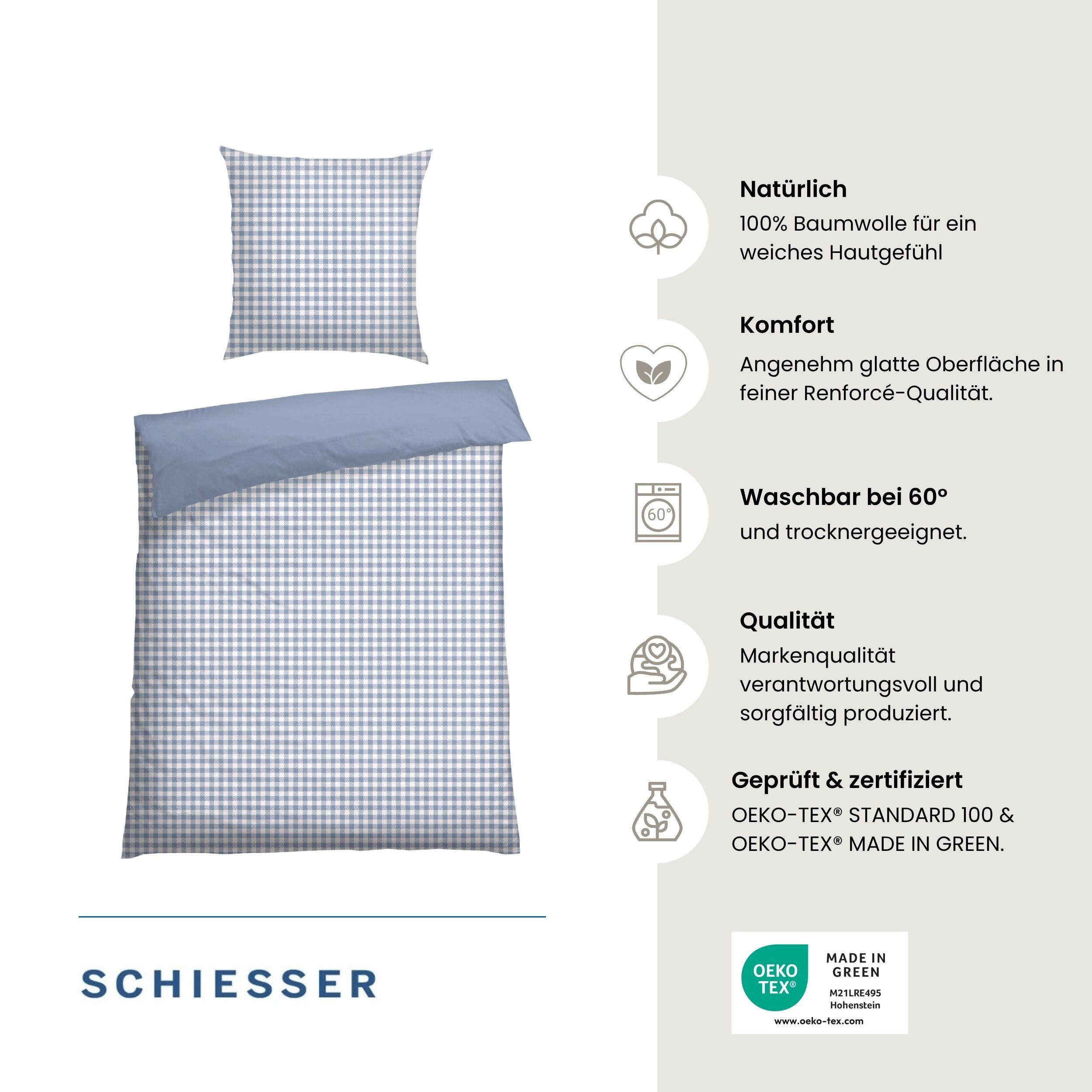 Schiesser Wendebettwäsche Vichy aus weicher Baumwolle mit Karos, Renforcé, 2 teilig, OEKO-TEX® MADE IN GREEN – Bild 2 von 5